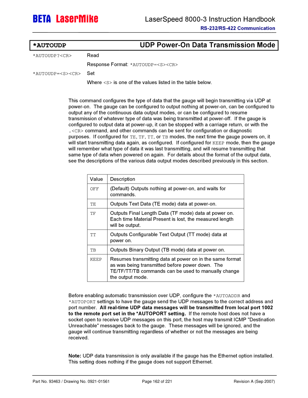 Laser LS8000-3 manual UDP Power-On Data Transmission Mode, AUTOUDP?CR Read, AUTOUDP=SCR Set 