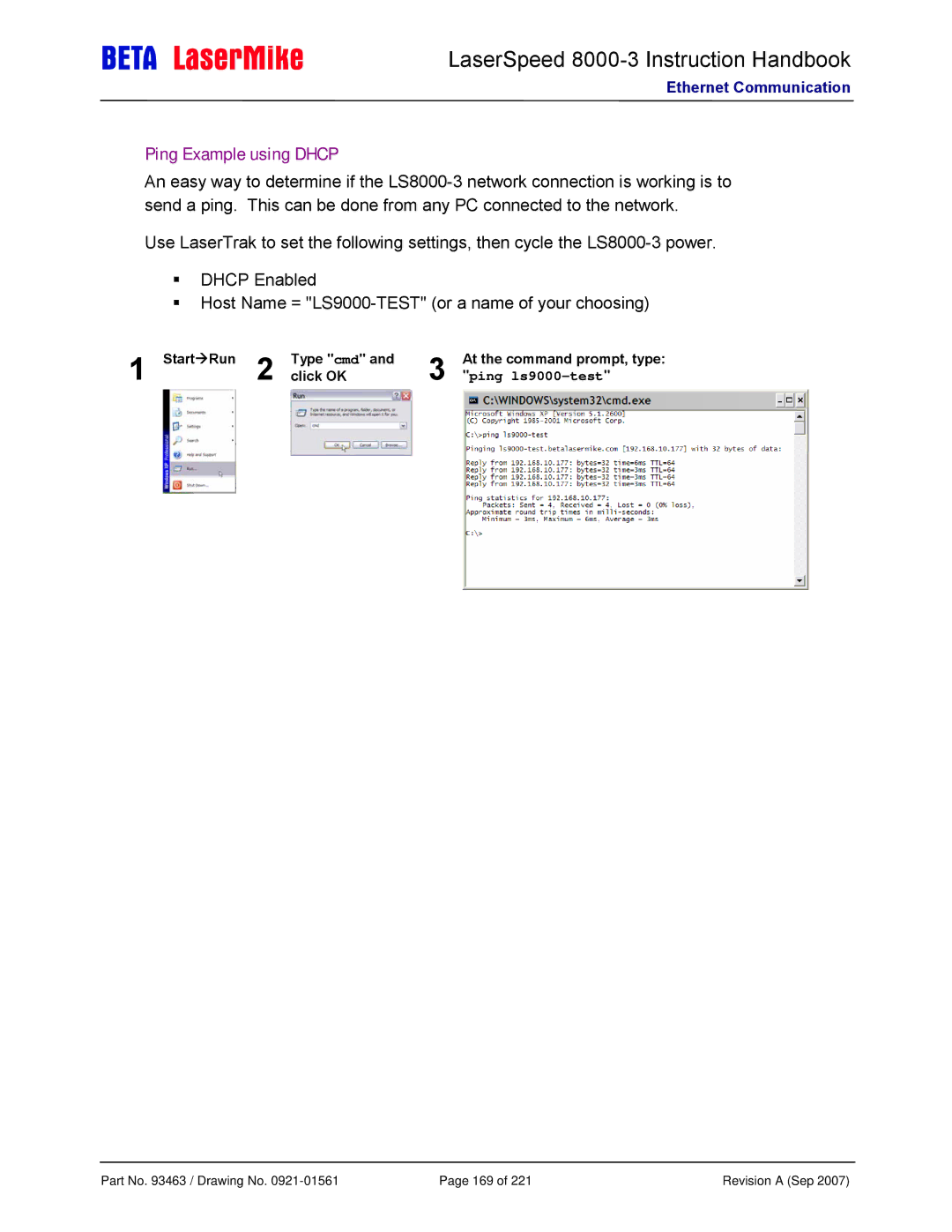 Laser LS8000-3 manual Ping Example using Dhcp, Start Run Type cmd At the command prompt, type Click OK 