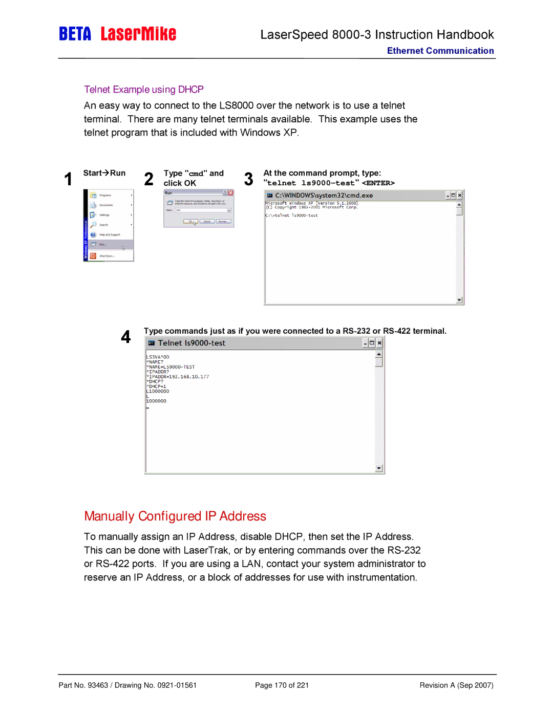 Laser LS8000-3 manual Manually Configured IP Address, Telnet Example using Dhcp 