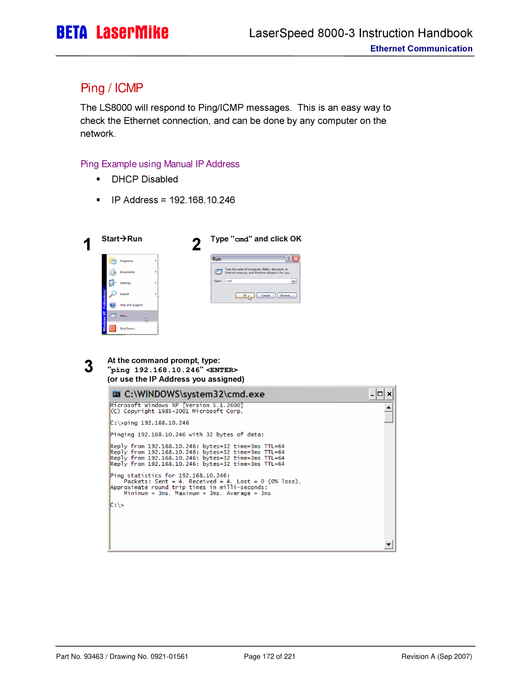 Laser LS8000-3 manual Ping / Icmp, Ping Example using Manual IP Address, Or use the IP Address you assigned 