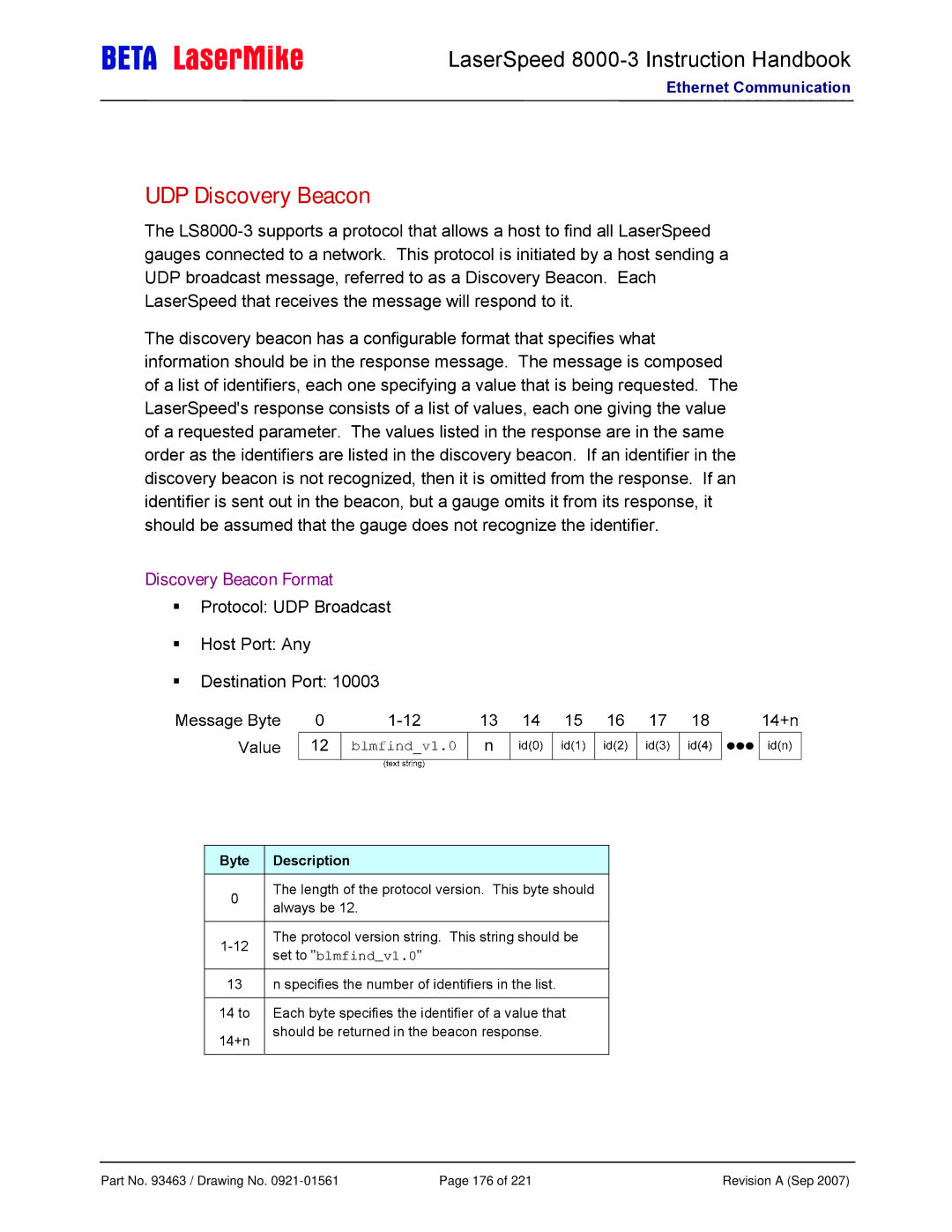 Laser LS8000-3 manual UDP Discovery Beacon, Discovery Beacon Format, Byte Description 