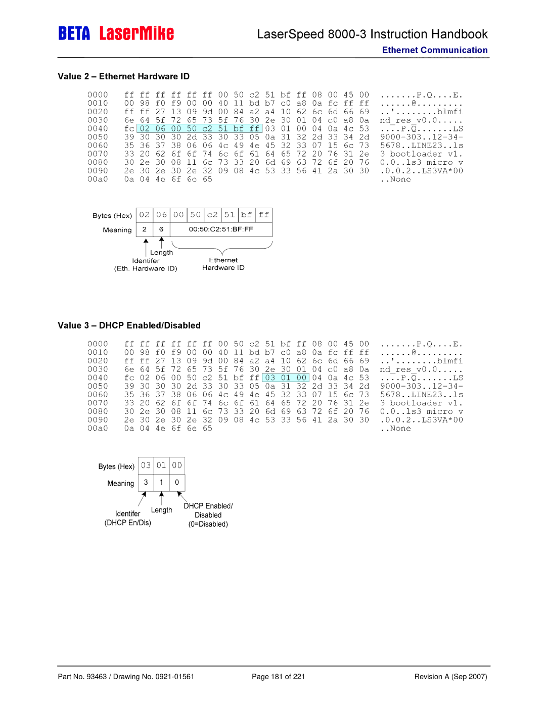 Laser LS8000-3 manual Value 2 Ethernet Hardware ID Value 3 Dhcp Enabled/Disabled 