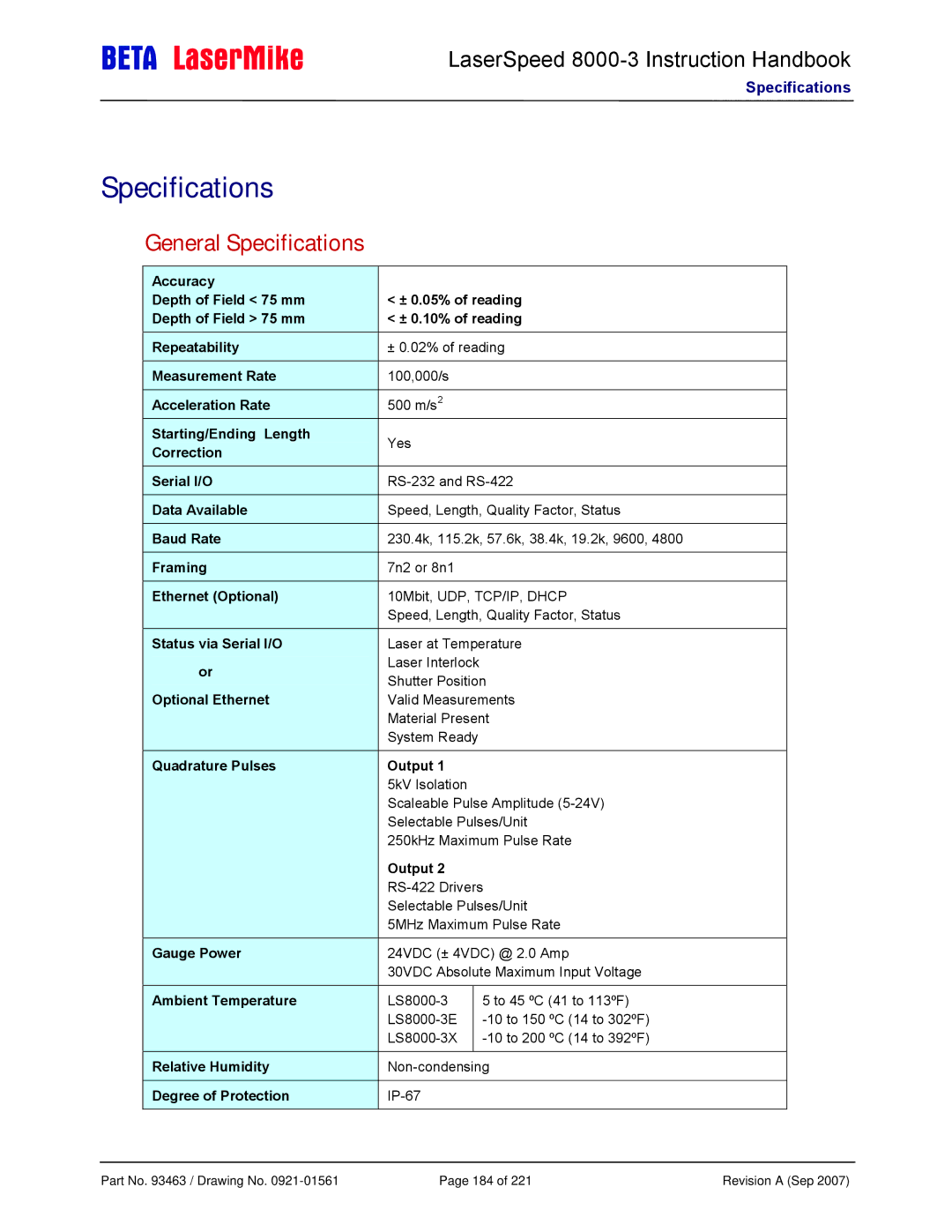 Laser LS8000-3 manual General Specifications 