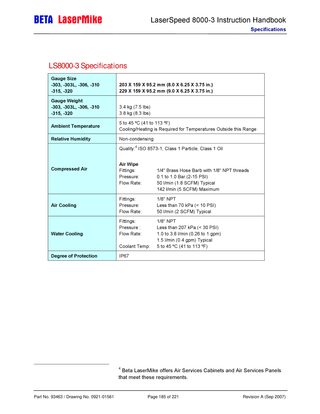 Laser manual LS8000-3 Specifications, Air Cooling, Water Cooling 