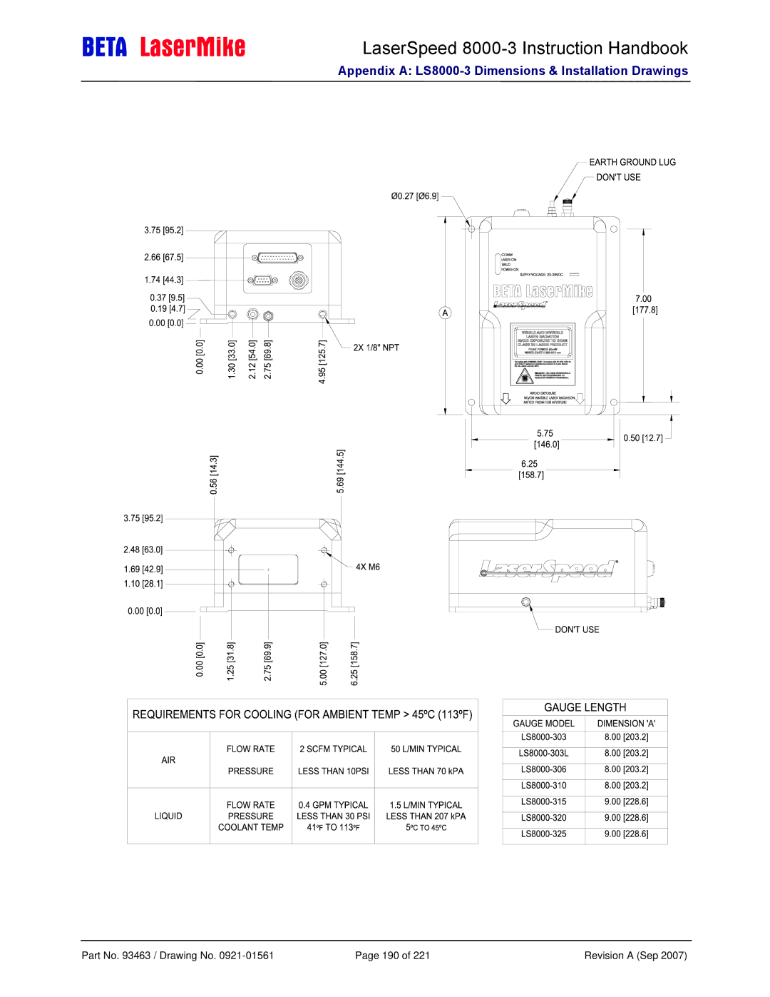 Laser LS8000-3 manual Part No / Drawing No 190 Revision a Sep 