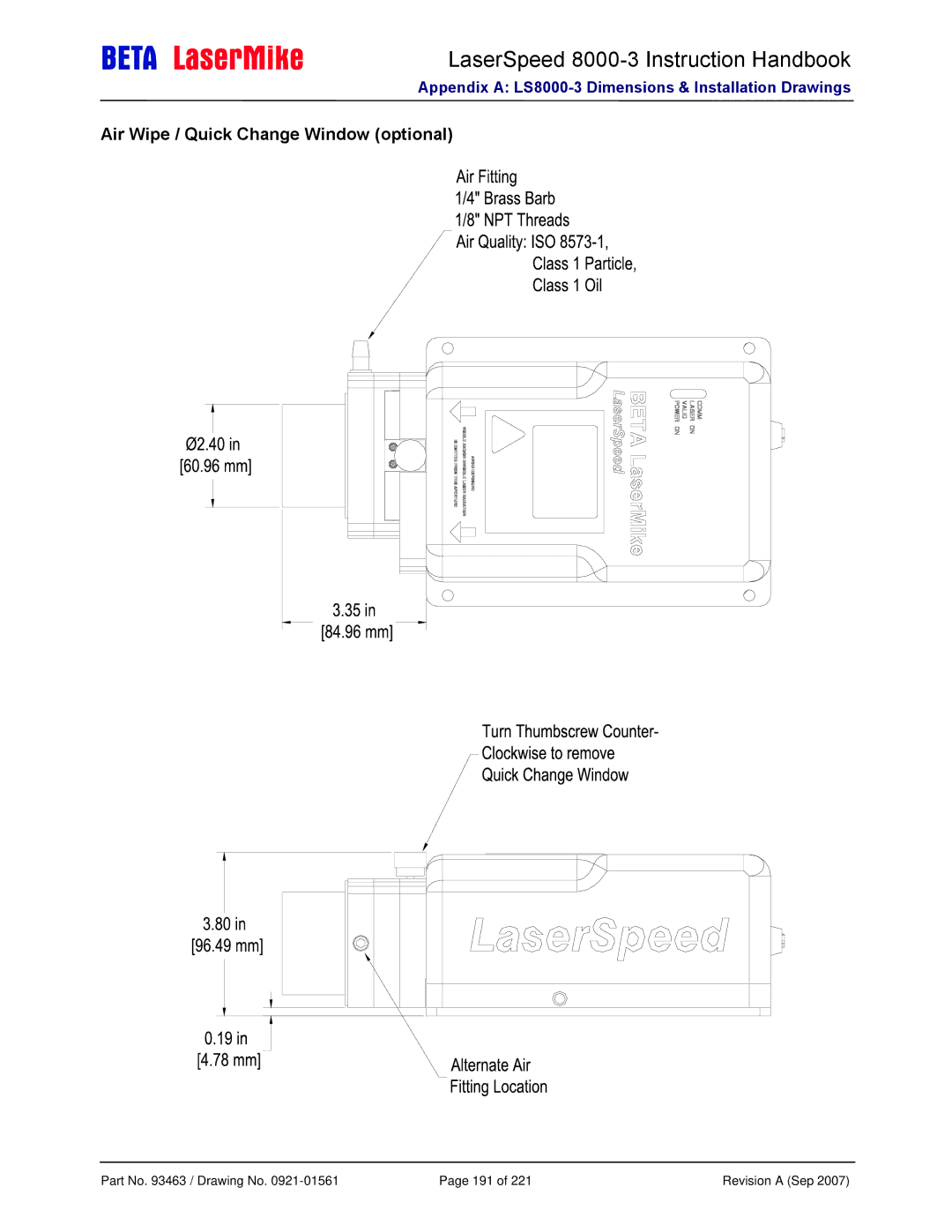 Laser LS8000-3 manual Air Wipe / Quick Change Window optional 