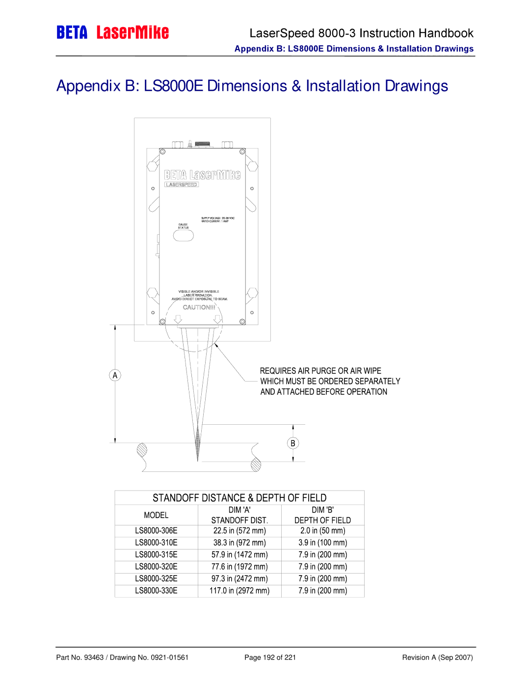 Laser LS8000-3 manual Appendix B LS8000E Dimensions & Installation Drawings 