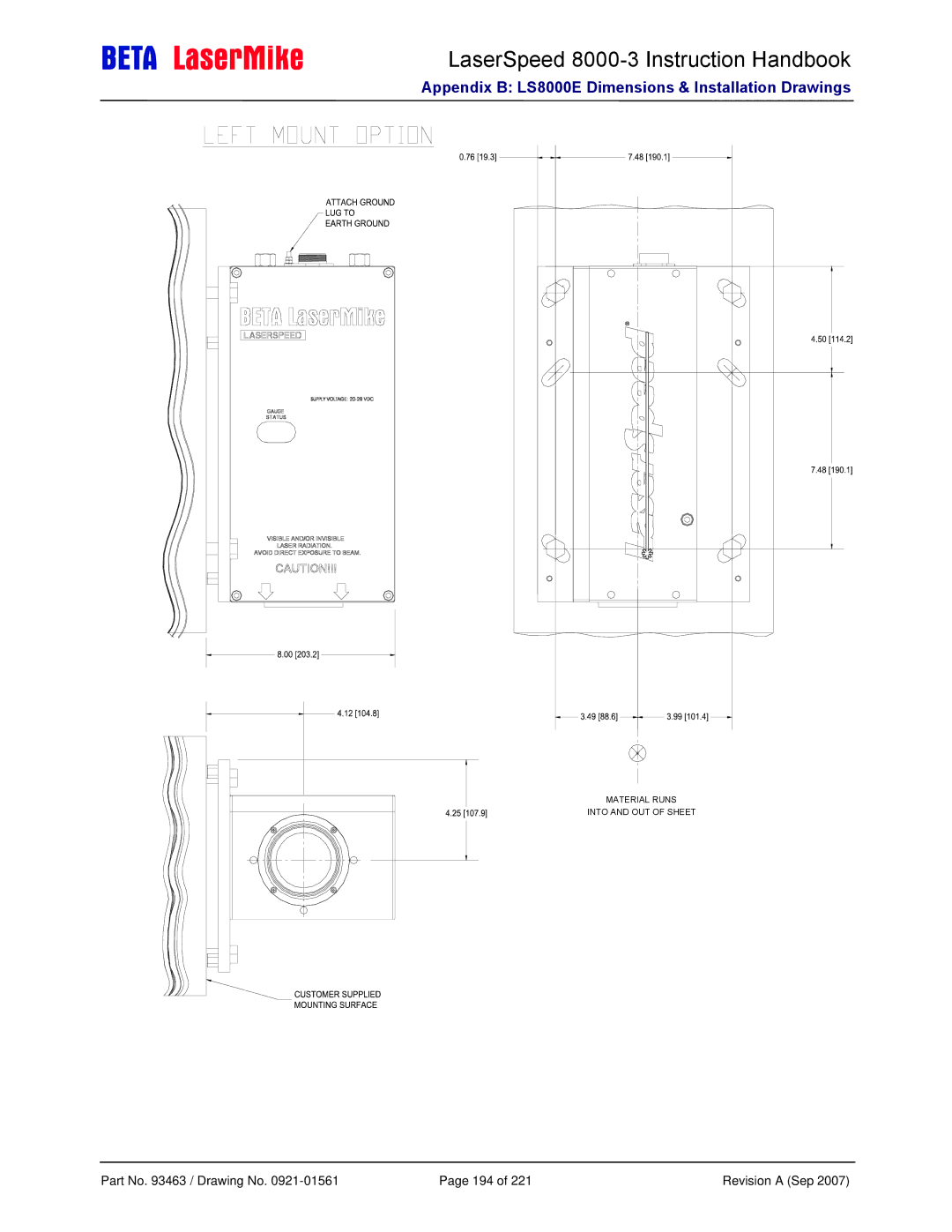 Laser LS8000-3 manual Part No / Drawing No 194 Revision a Sep 