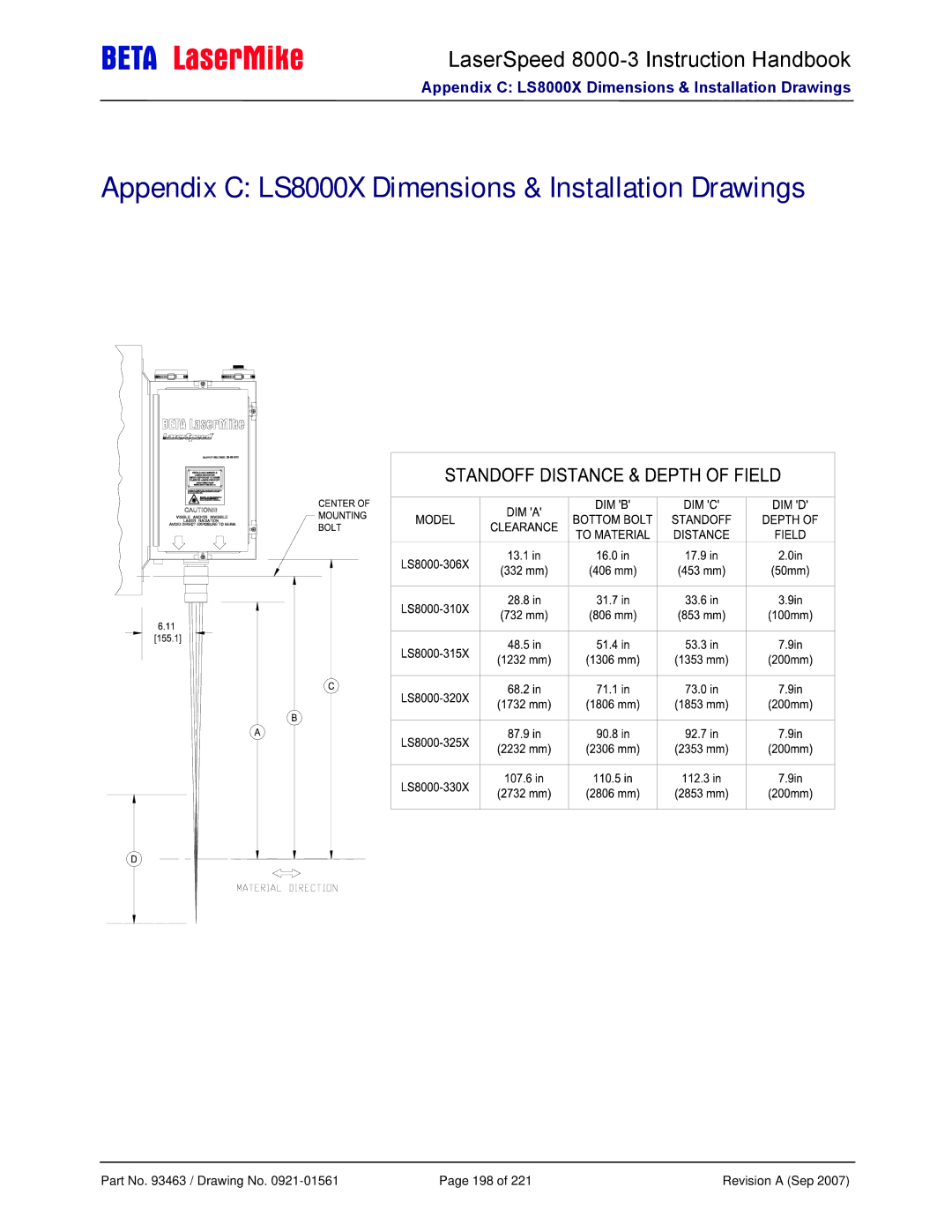 Laser LS8000-3 manual Appendix C LS8000X Dimensions & Installation Drawings 