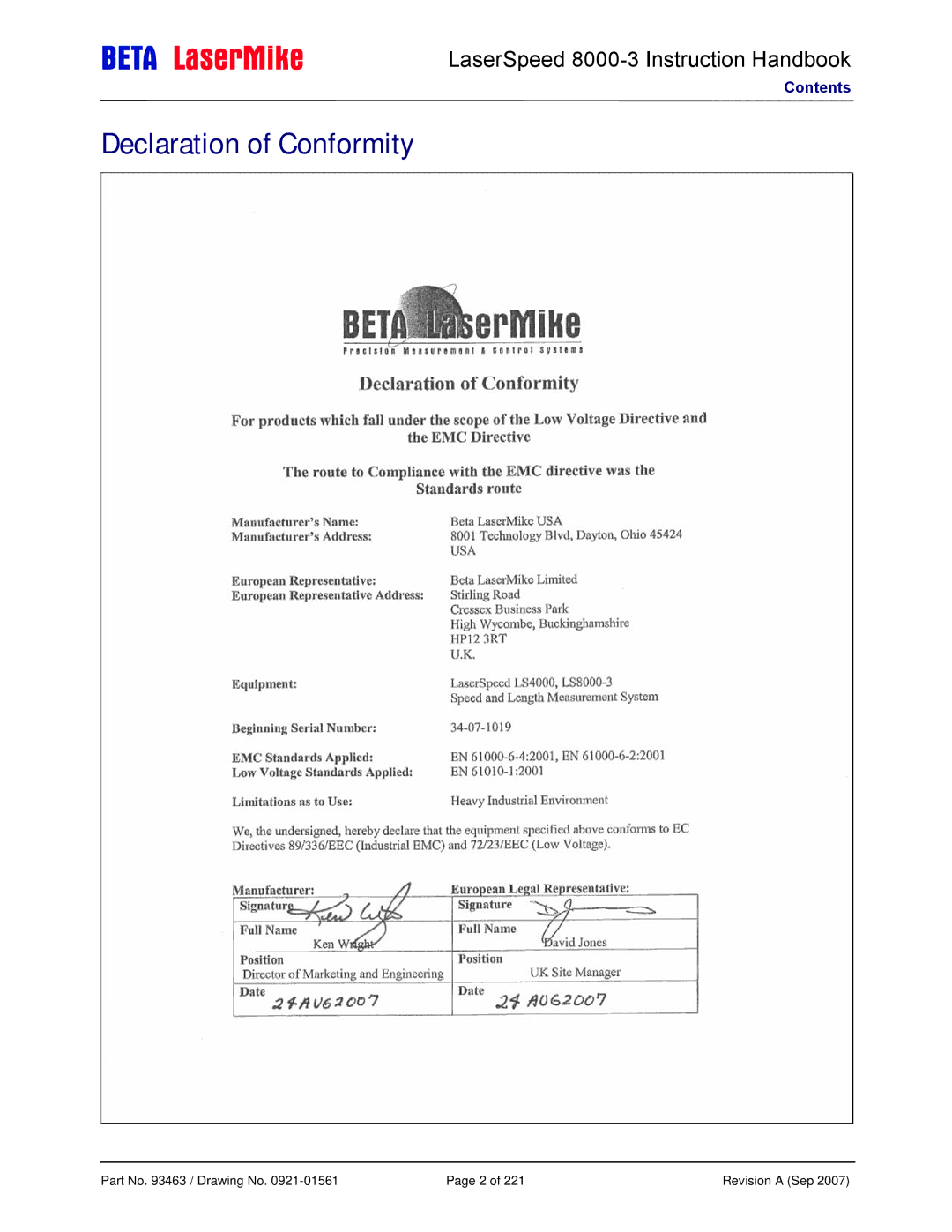 Laser LS8000-3 manual Declaration of Conformity 