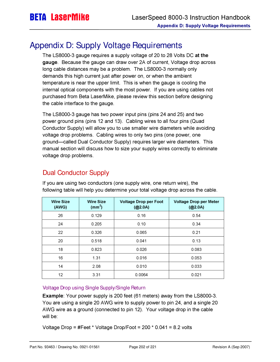 Laser LS8000-3 manual Appendix D Supply Voltage Requirements, Dual Conductor Supply, @2.0A 