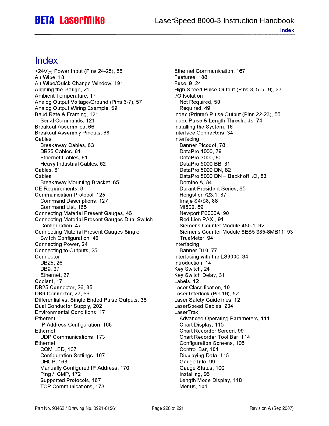 Laser LS8000-3 manual Index 