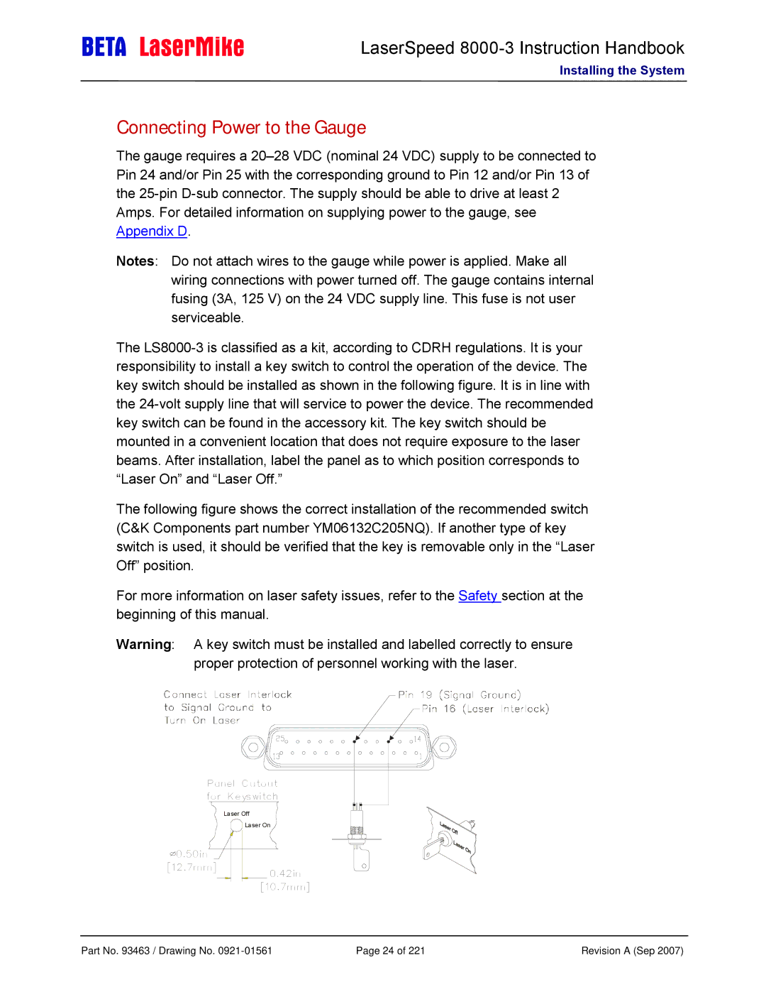 Laser LS8000-3 manual Connecting Power to the Gauge 