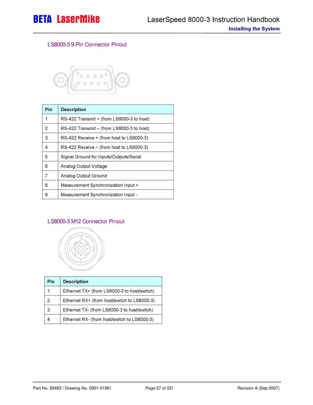 Laser manual LS8000-3 9-Pin Connector Pinout, LS8000-3 M12 Connector Pinout 