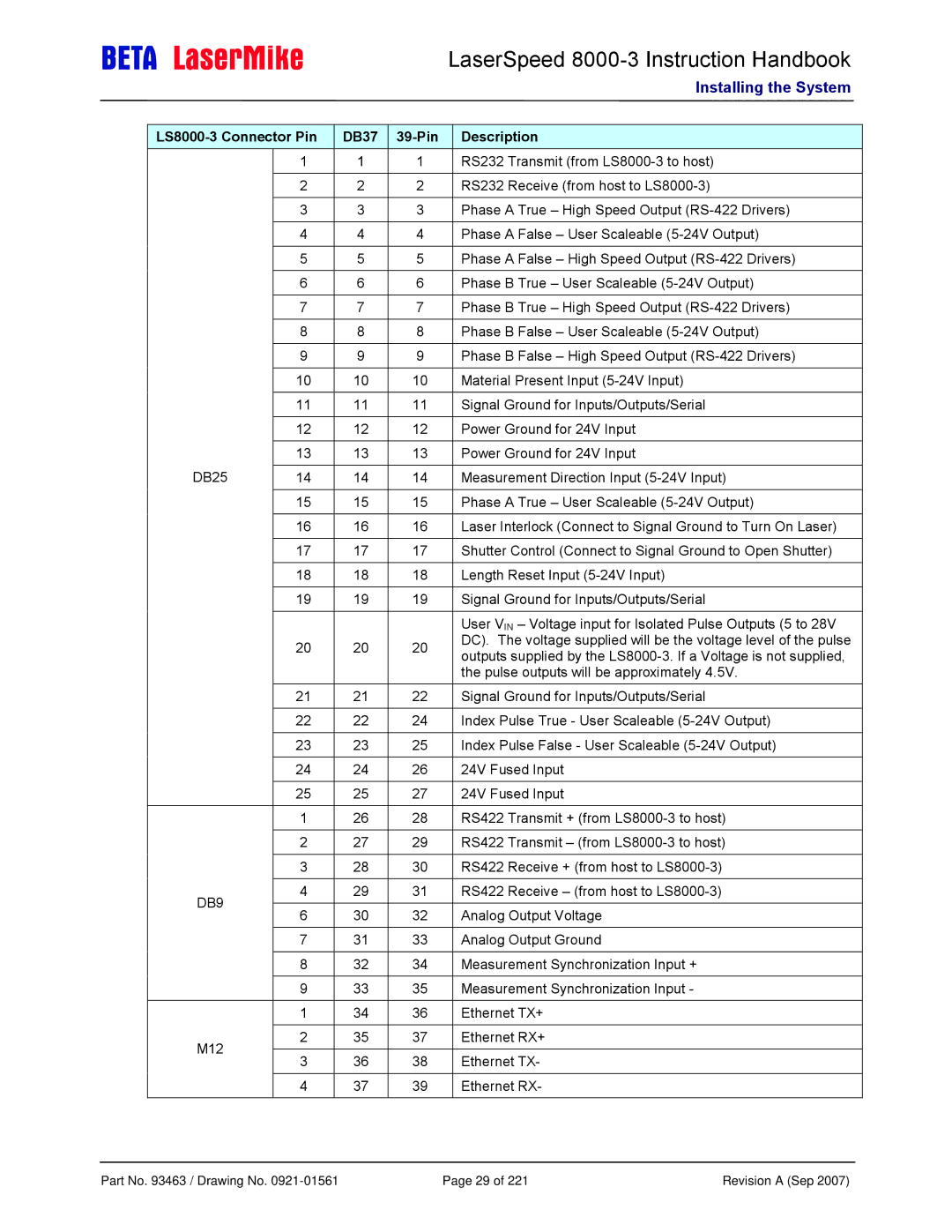 Laser manual LaserSpeed 8000-3 Instruction Handbook, LS8000-3 Connector Pin DB37 39-Pin Description 