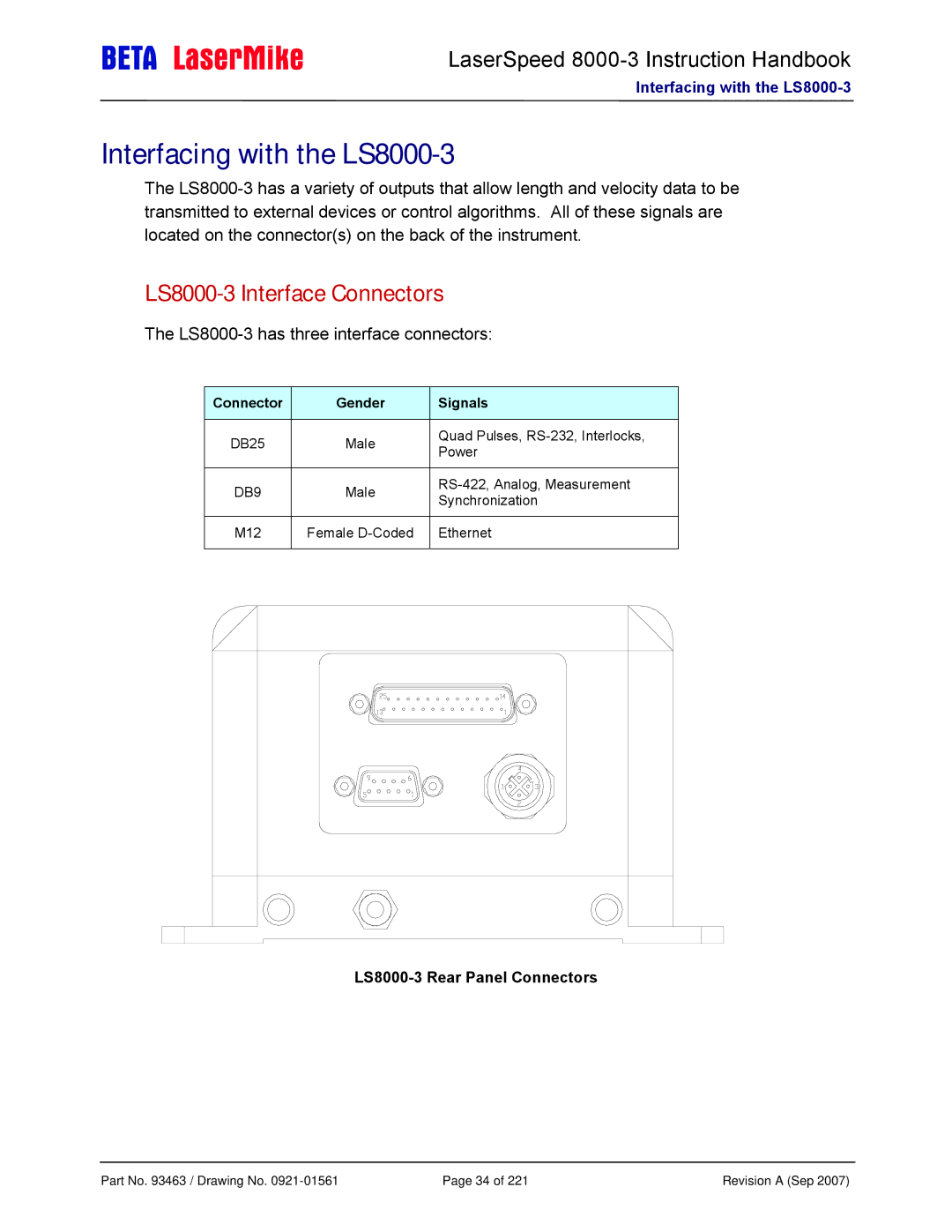 Laser manual Interfacing with the LS8000-3, LS8000-3 Interface Connectors, LS8000-3 Rear Panel Connectors 