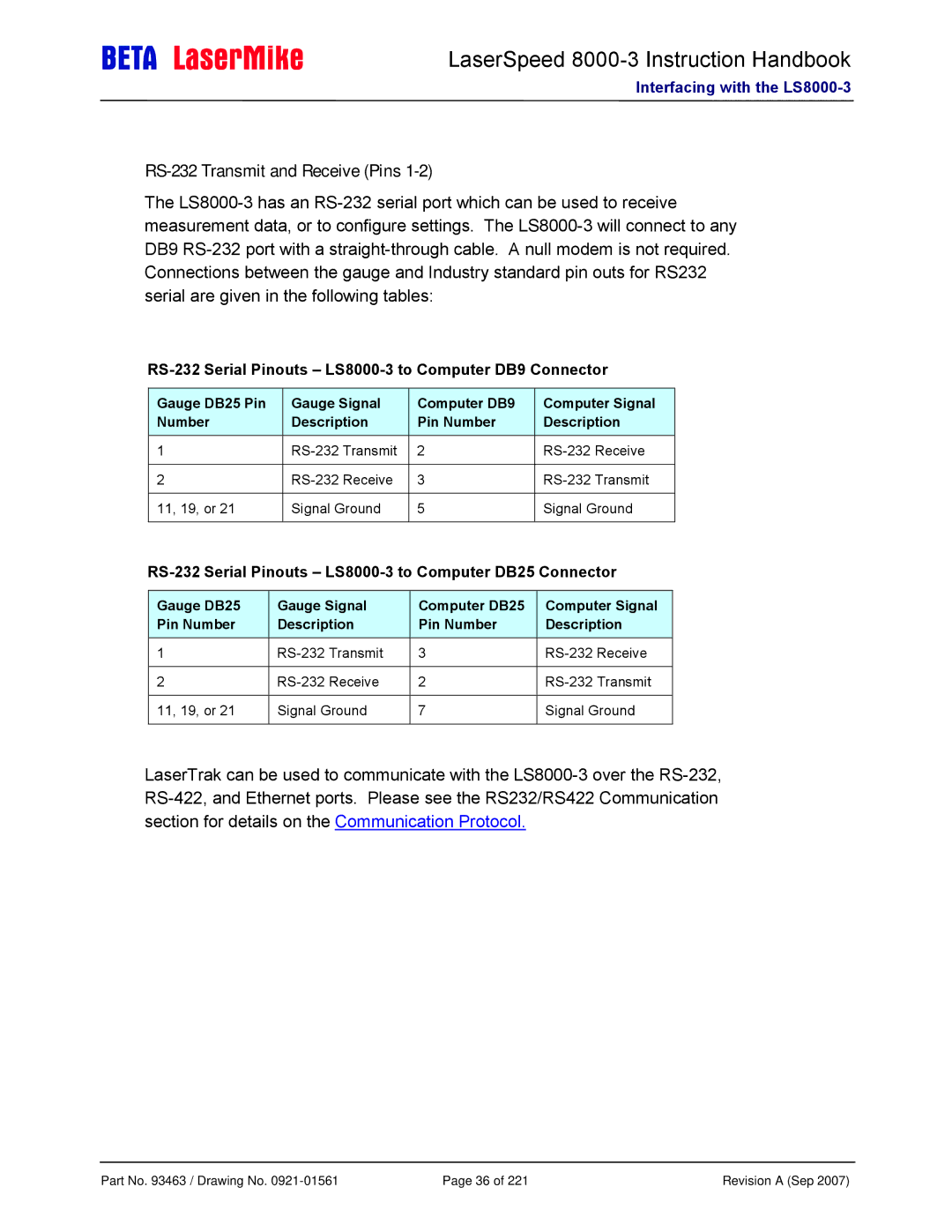 Laser manual RS-232 Transmit and Receive Pins, RS-232 Serial Pinouts LS8000-3 to Computer DB9 Connector 