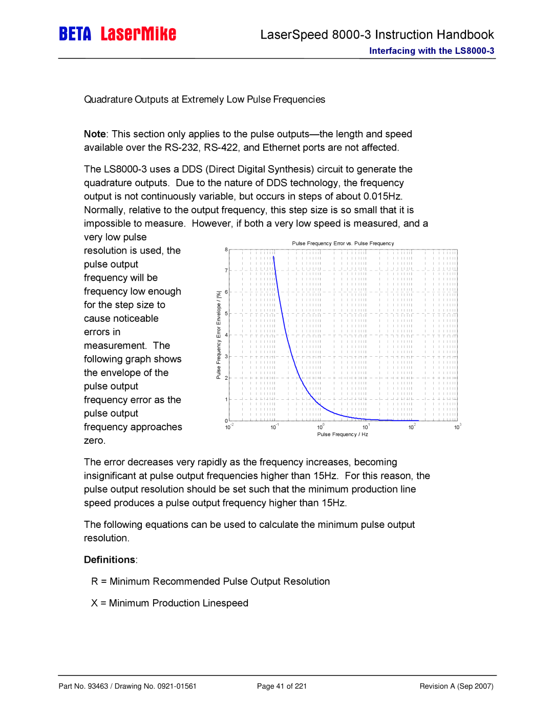 Laser LS8000-3 manual Quadrature Outputs at Extremely Low Pulse Frequencies, Definitions 