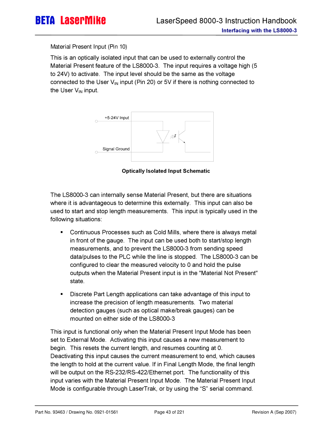 Laser LS8000-3 manual Material Present Input Pin, Optically Isolated Input Schematic 