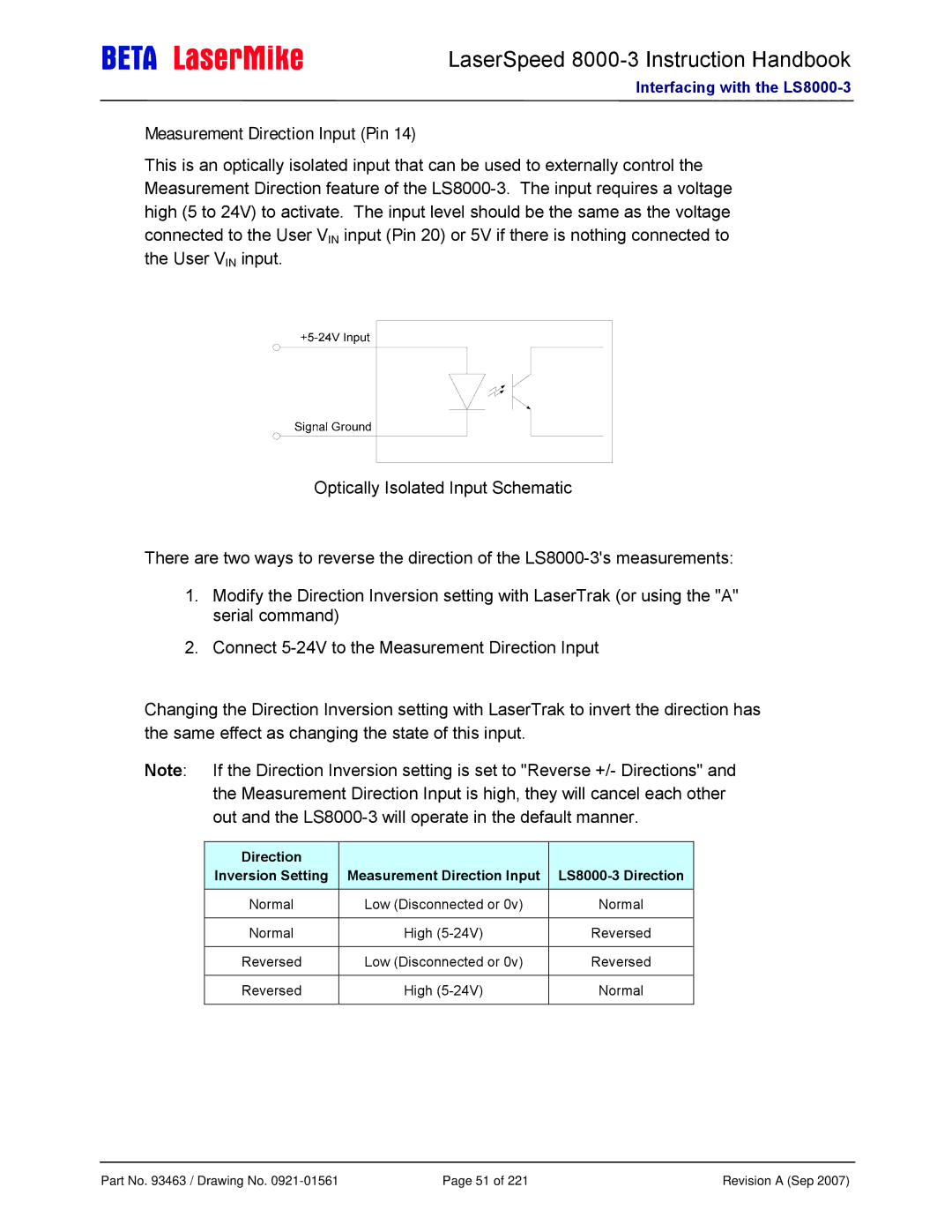 Laser LS8000-3 manual Measurement Direction Input Pin 