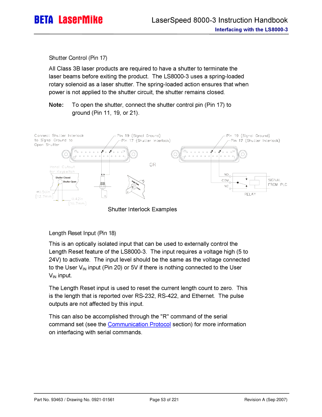 Laser LS8000-3 manual Shutter Control Pin, Length Reset Input Pin 
