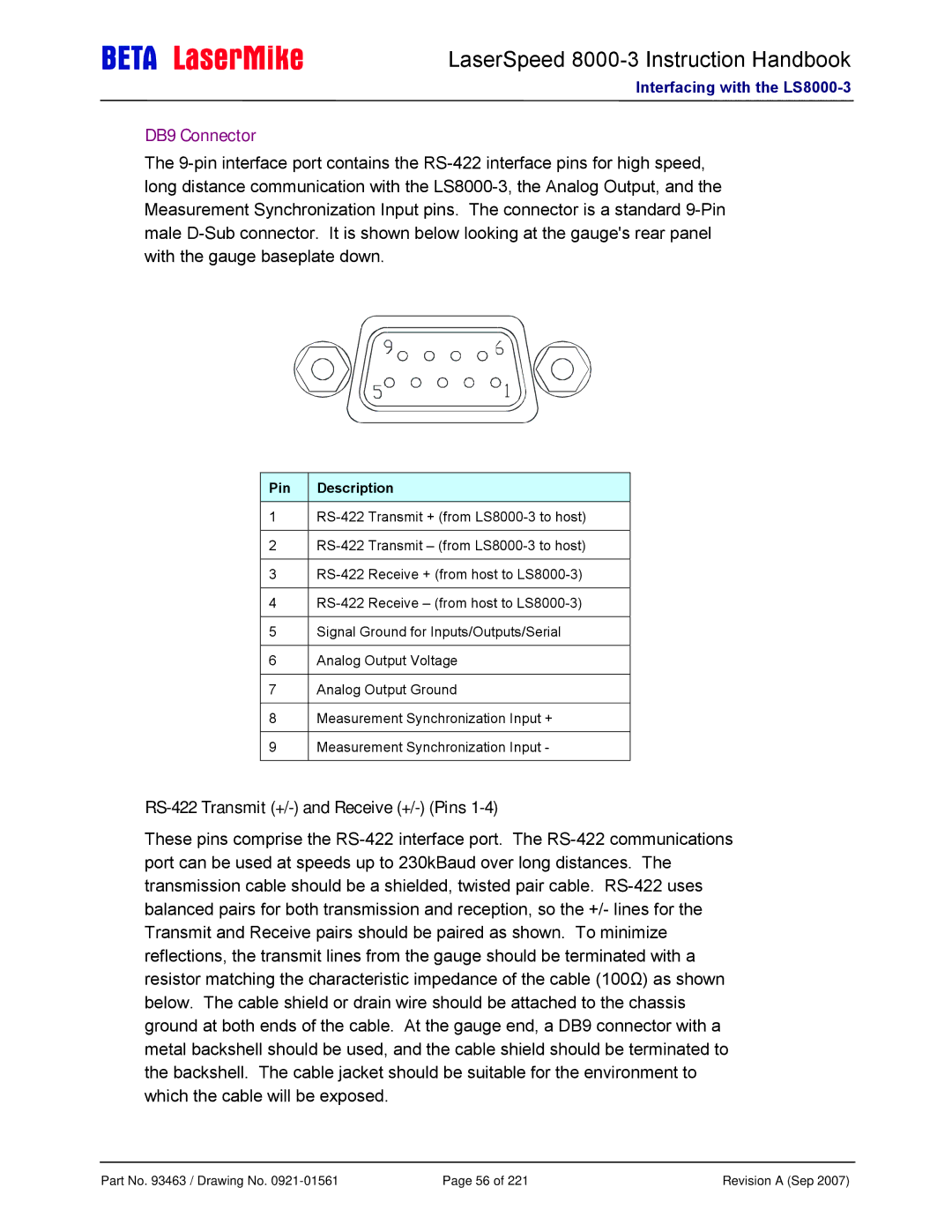 Laser LS8000-3 manual DB9 Connector, RS-422 Transmit +/- and Receive +/- Pins 