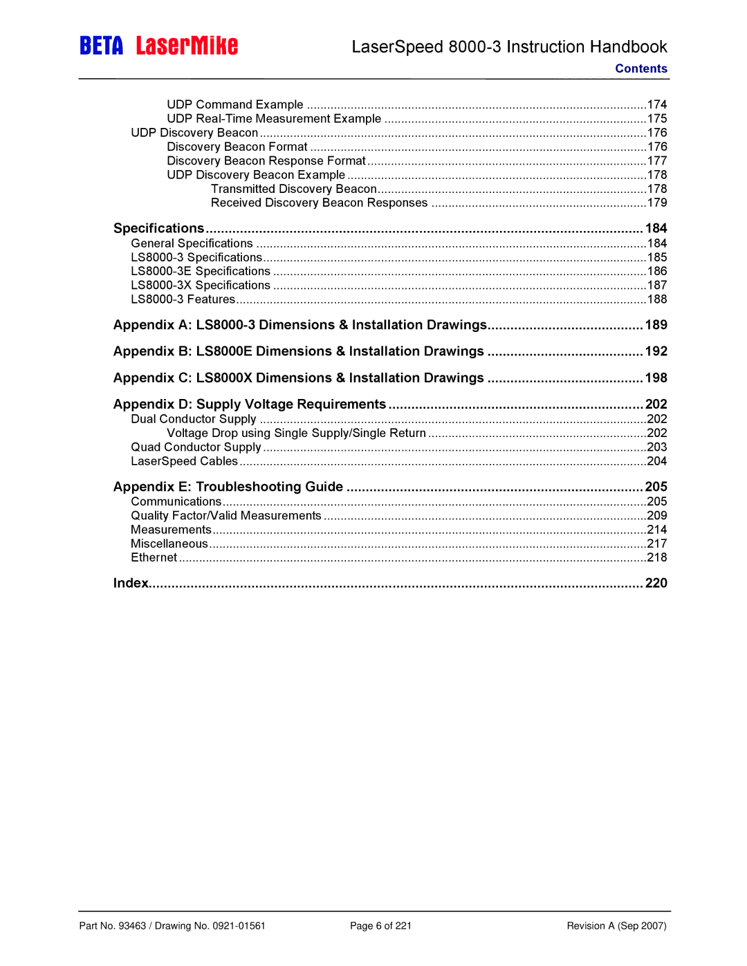 Laser Appendix a LS8000-3 Dimensions & Installation Drawings, Appendix B LS8000E Dimensions & Installation Drawings 