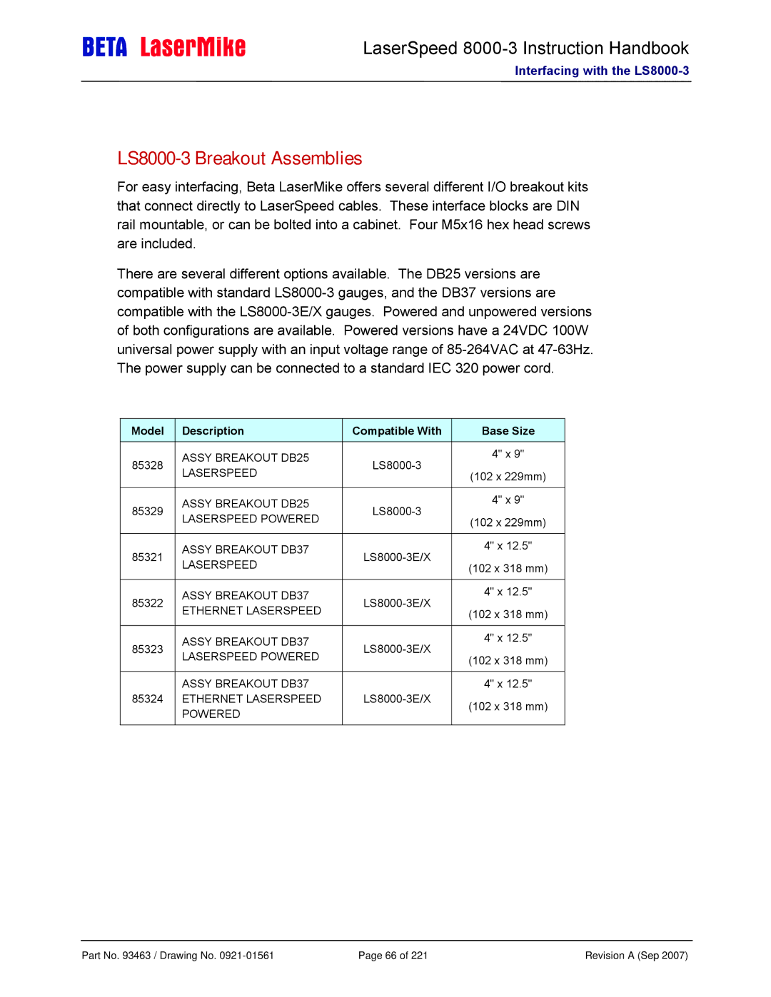 Laser manual LS8000-3 Breakout Assemblies, Model Description Compatible With Base Size 