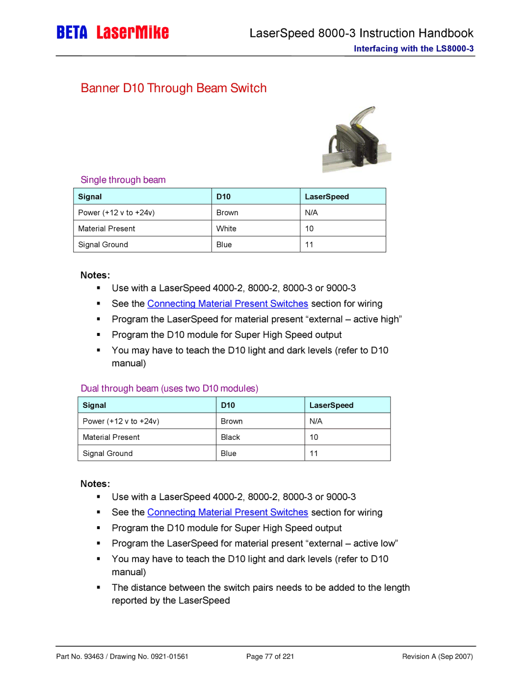 Laser LS8000-3 manual Banner D10 Through Beam Switch, Single through beam, Dual through beam uses two D10 modules 