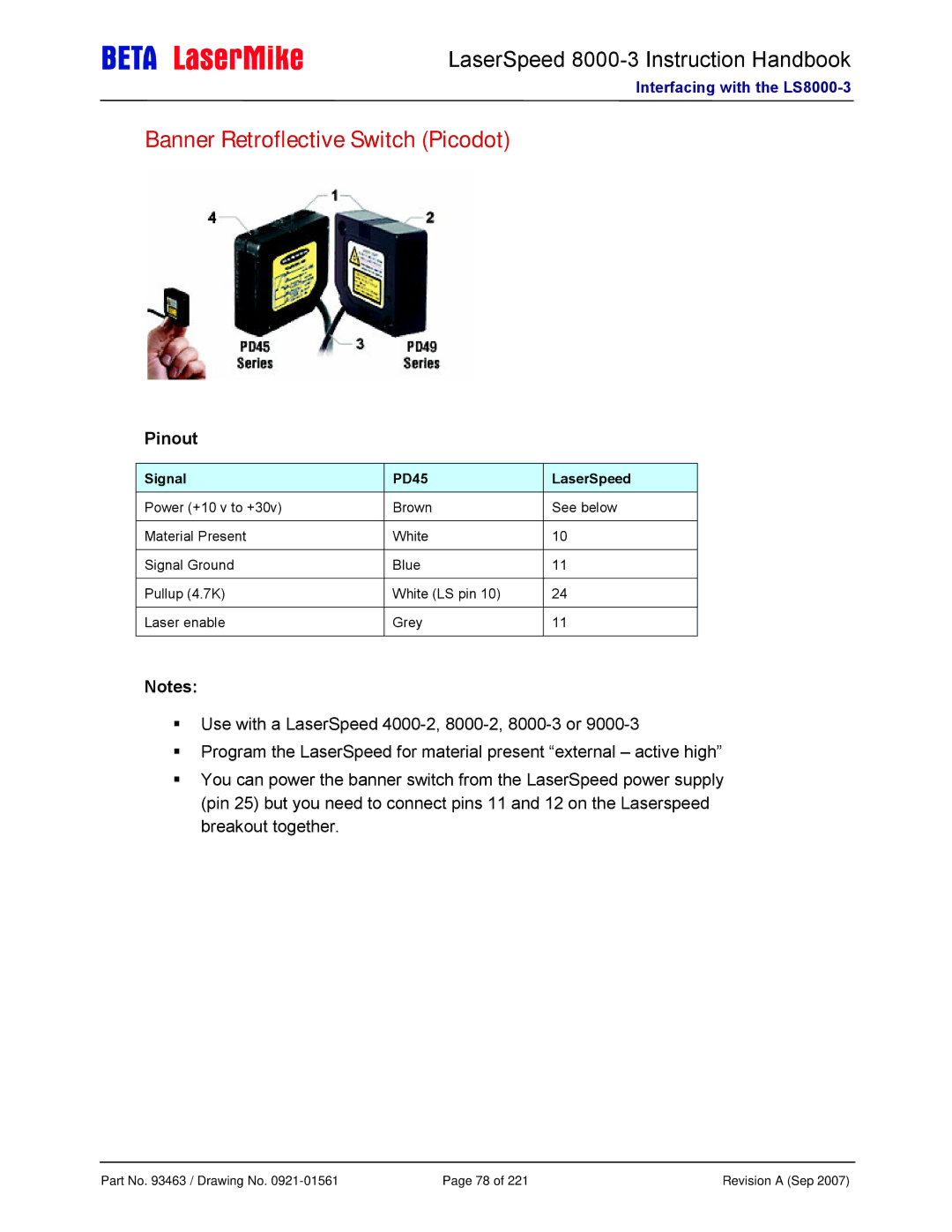 Laser LS8000-3 manual Banner Retroflective Switch Picodot, Signal PD45 LaserSpeed 