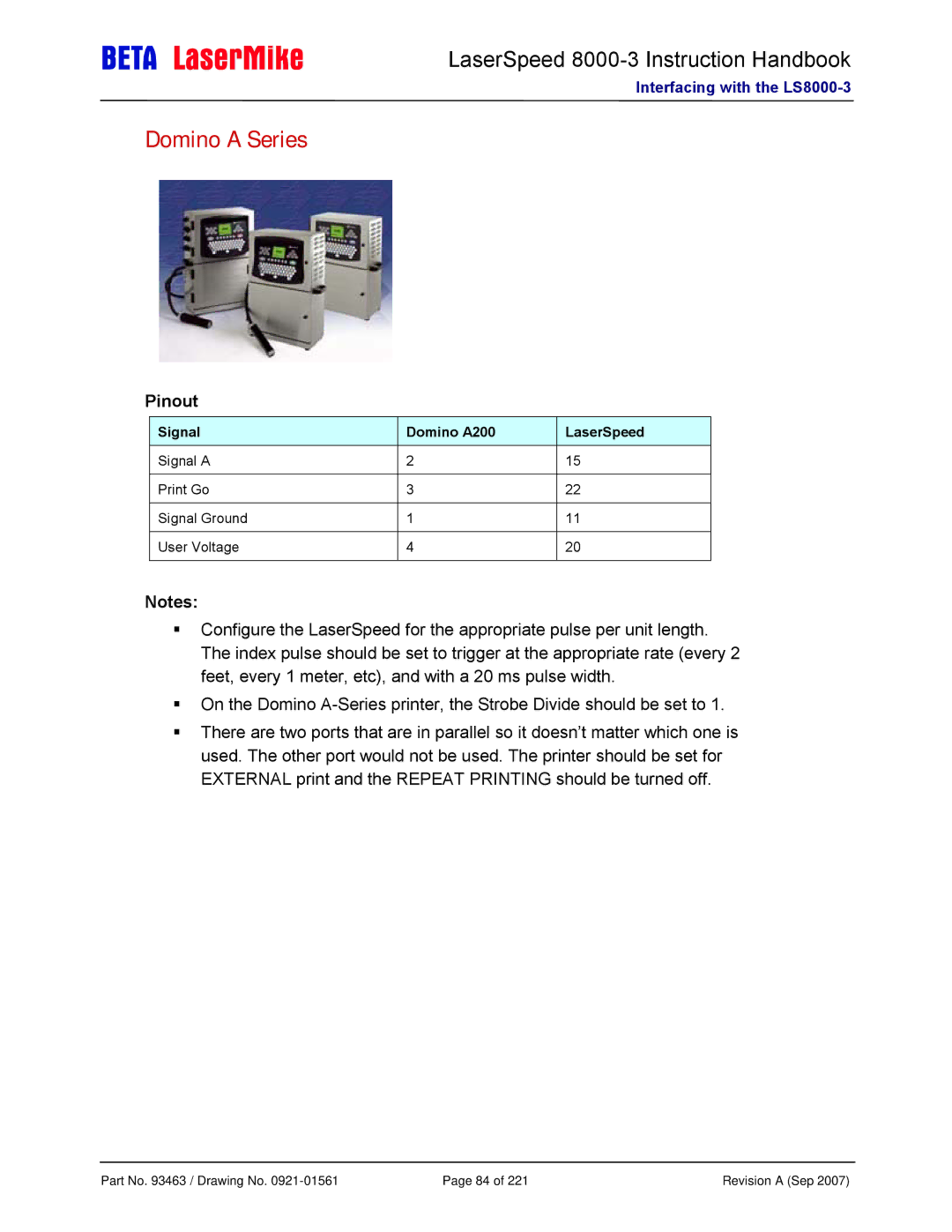 Laser LS8000-3 manual Domino a Series, Signal Domino A200 LaserSpeed 