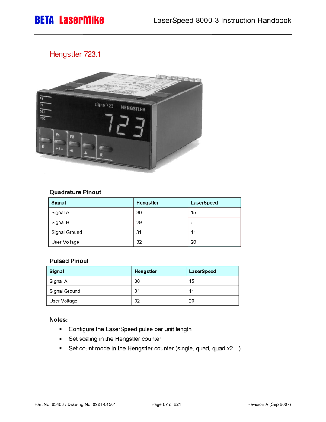 Laser LS8000-3 manual Signal Hengstler LaserSpeed 