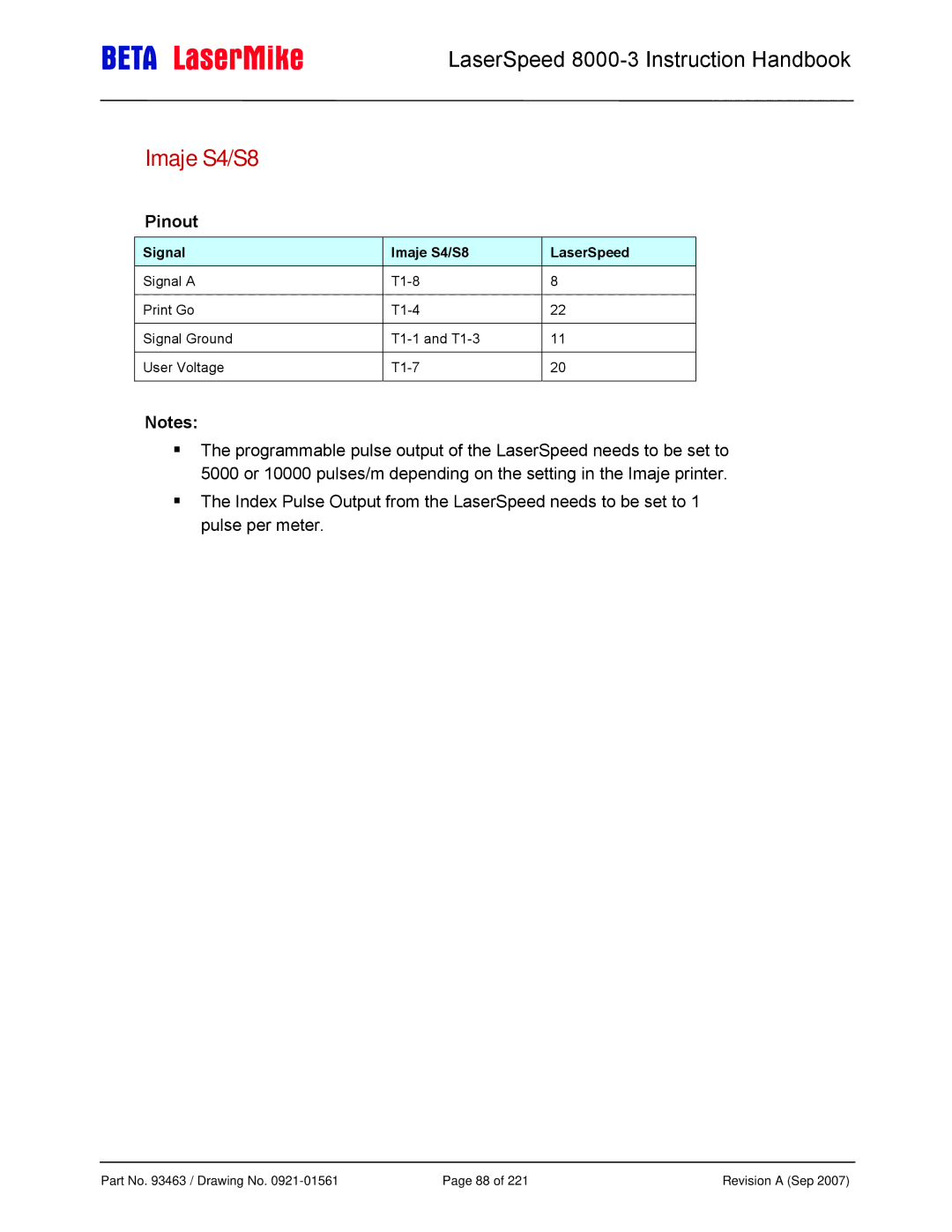 Laser LS8000-3 manual Signal Imaje S4/S8 LaserSpeed 