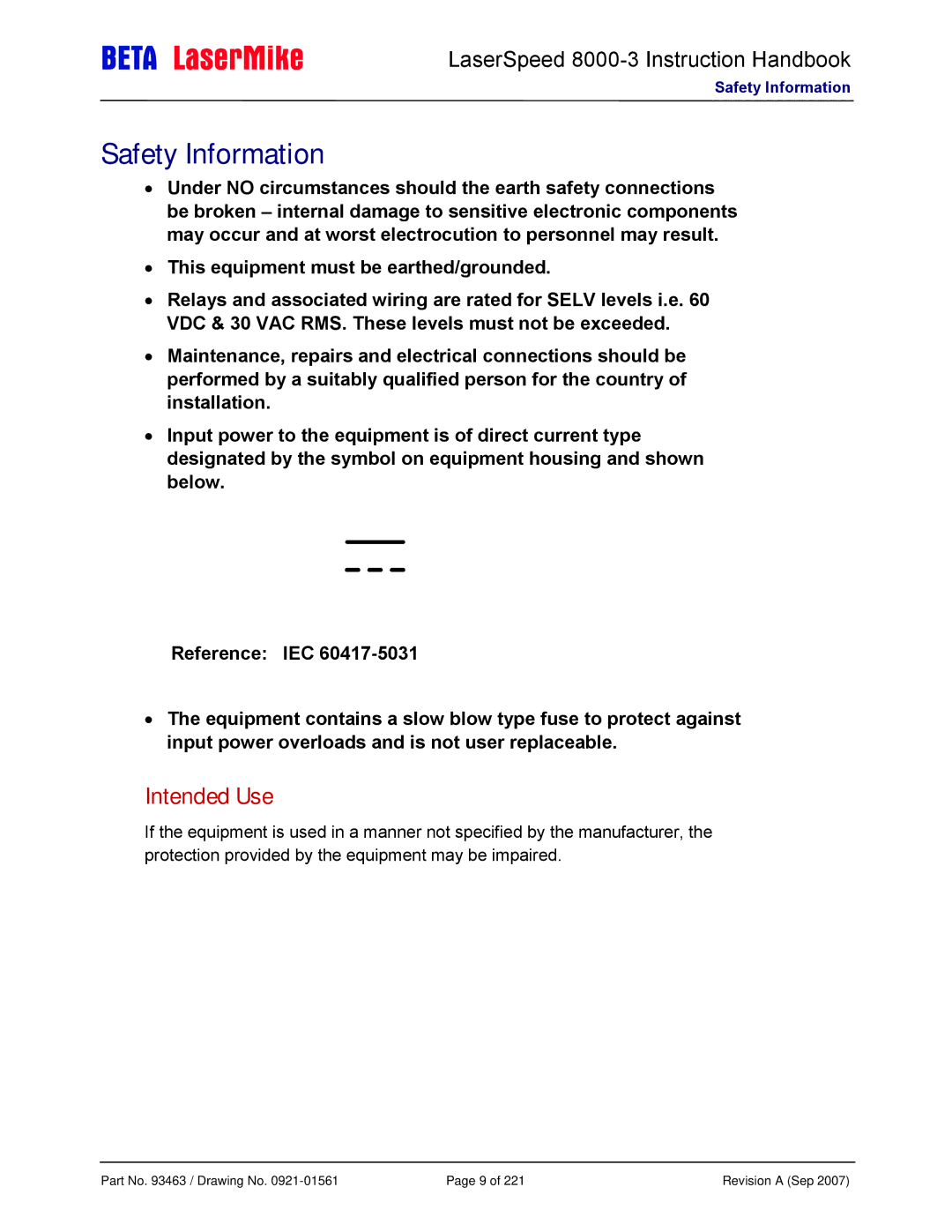 Laser LS8000-3 manual Safety Information, Intended Use 