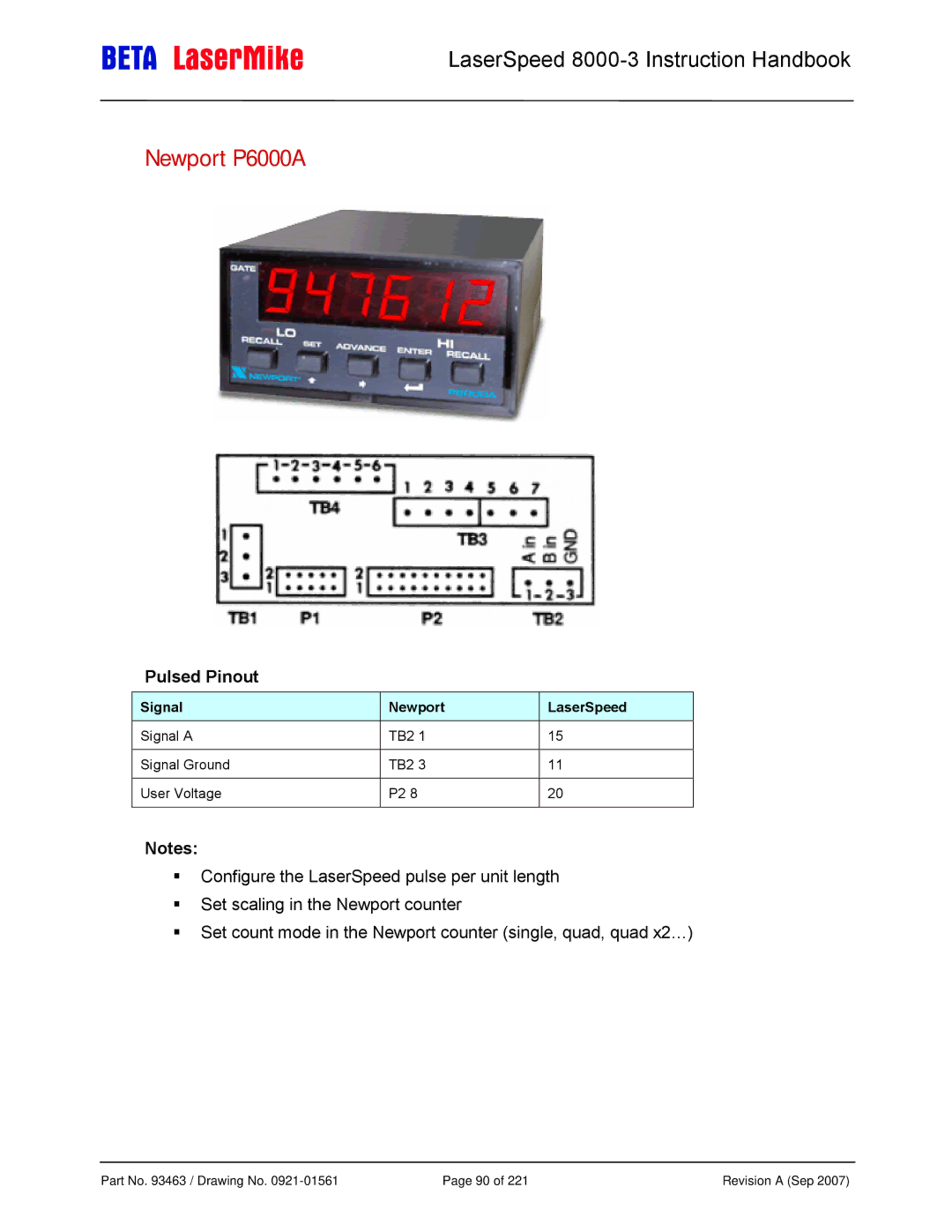 Laser LS8000-3 manual Newport P6000A, Signal Newport LaserSpeed 