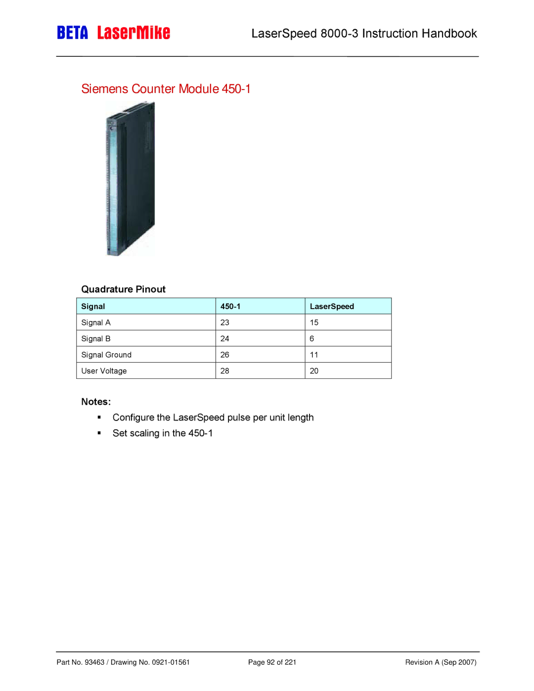 Laser LS8000-3 manual Siemens Counter Module, Signal 450-1 LaserSpeed 