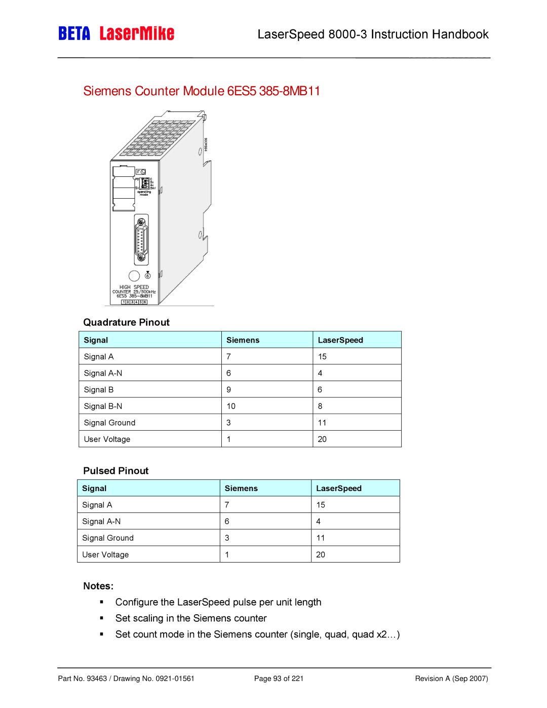 Laser LS8000-3 manual Siemens Counter Module 6ES5 385-8MB11, Signal Siemens LaserSpeed 