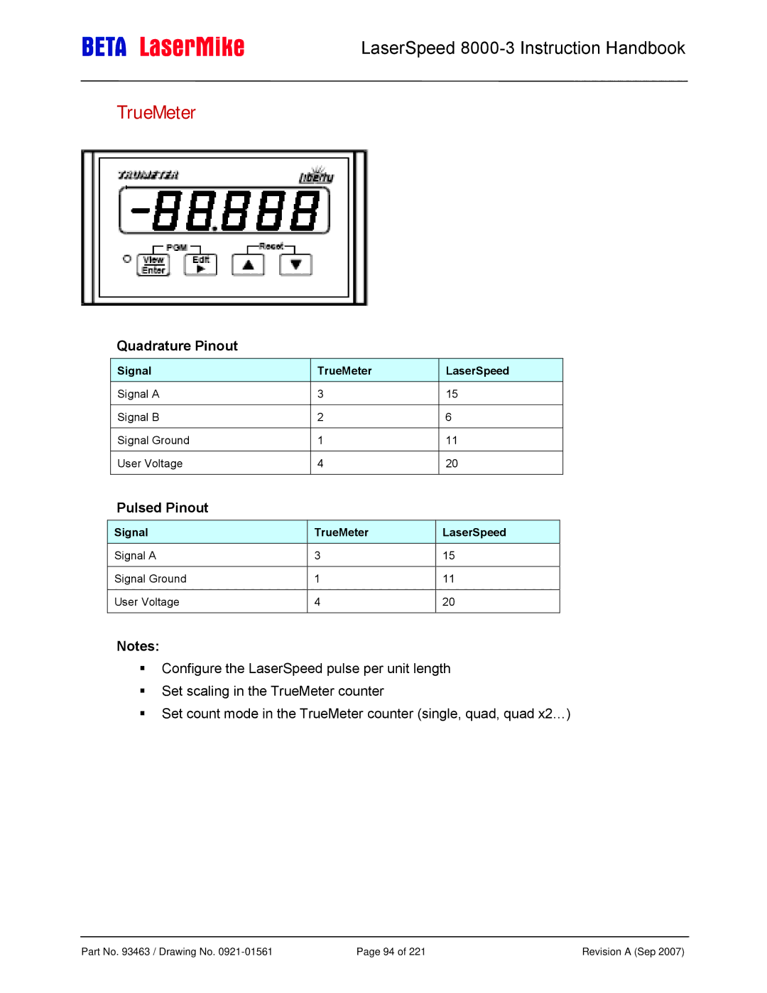 Laser LS8000-3 manual Signal TrueMeter LaserSpeed 