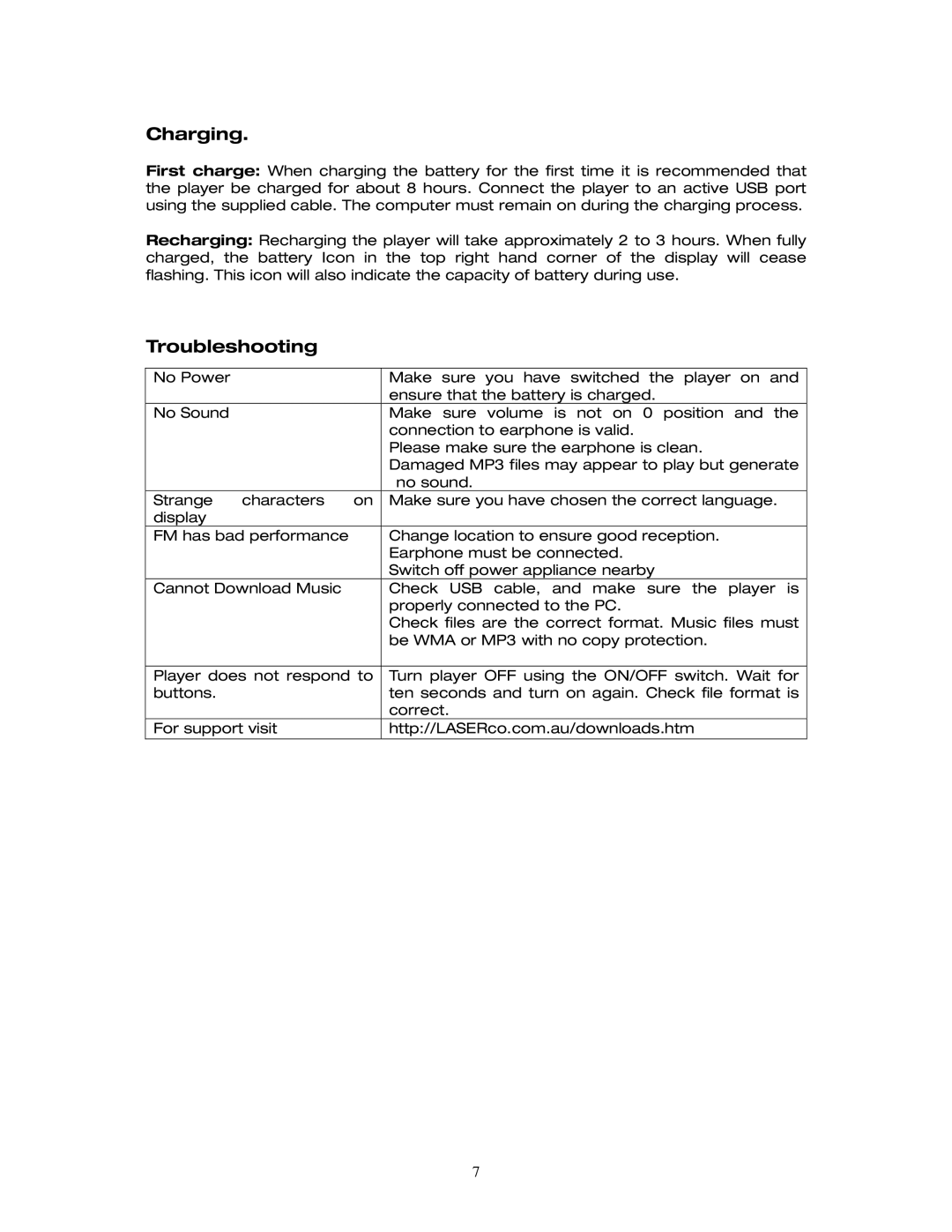 Laser MP3-4GA8, MP3-2GA8, MP3-A8 user manual Charging, Troubleshooting 