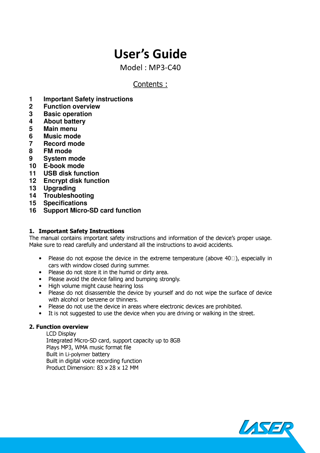 Laser MP3-C40 important safety instructions User’s Guide 