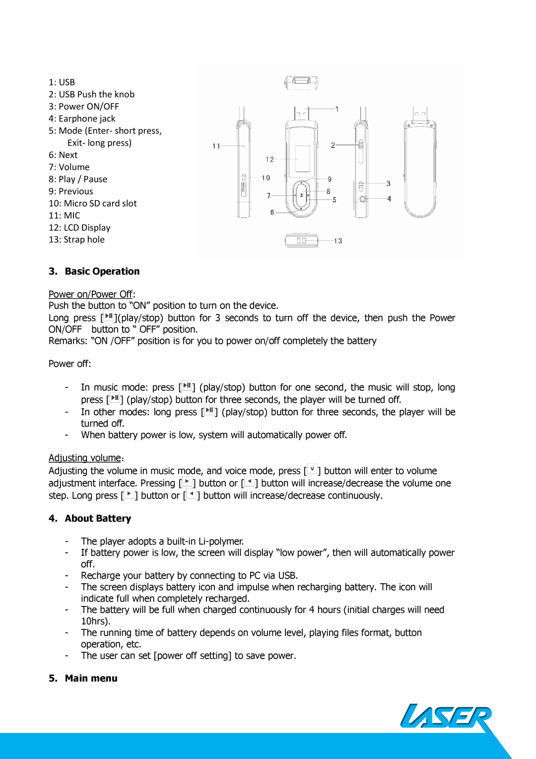 Laser MP3-C40 important safety instructions USB USB Push the knob Power ON/OFF Earphone jack 