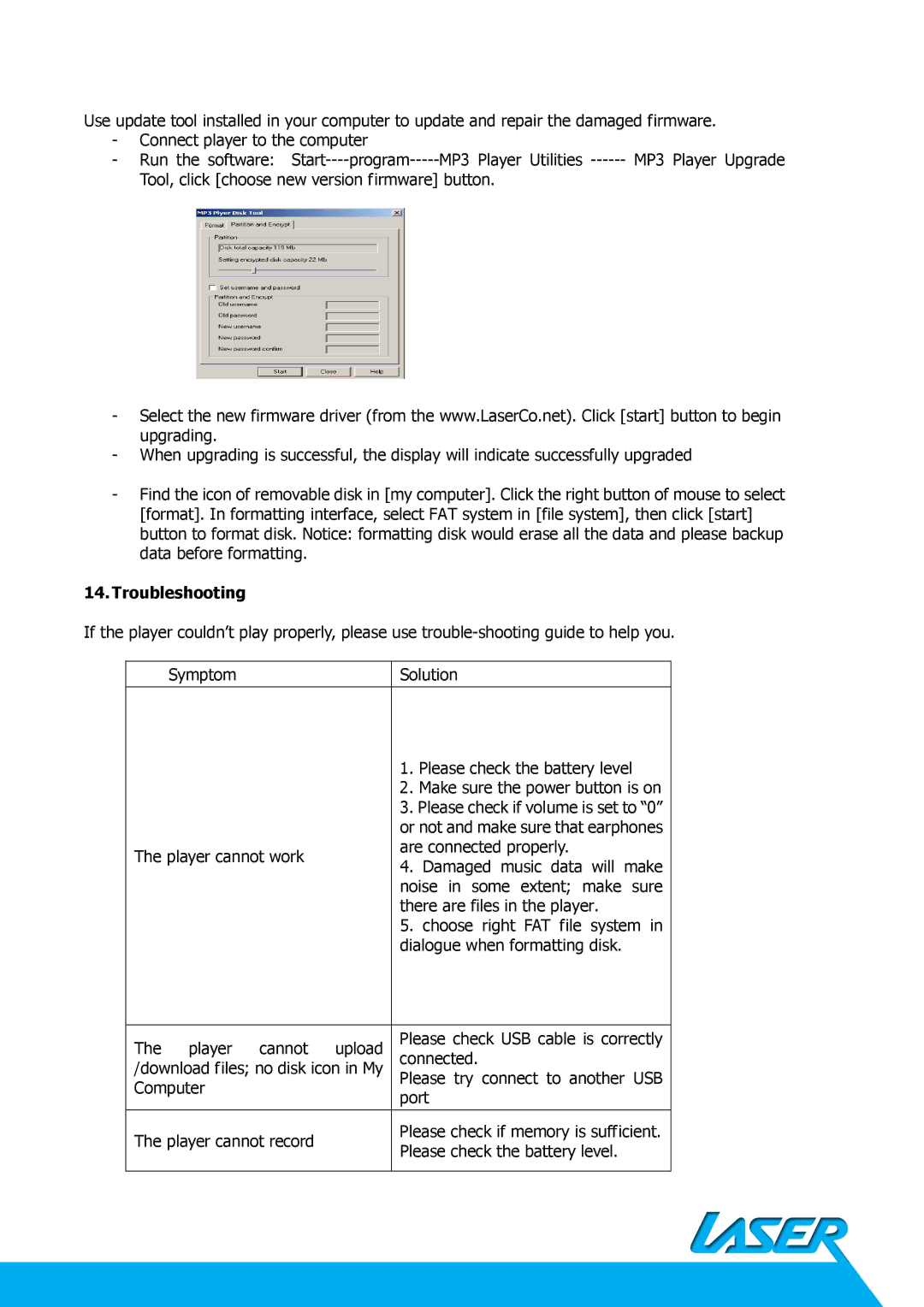 Laser MP3-C40 important safety instructions Please check if volume is set to 