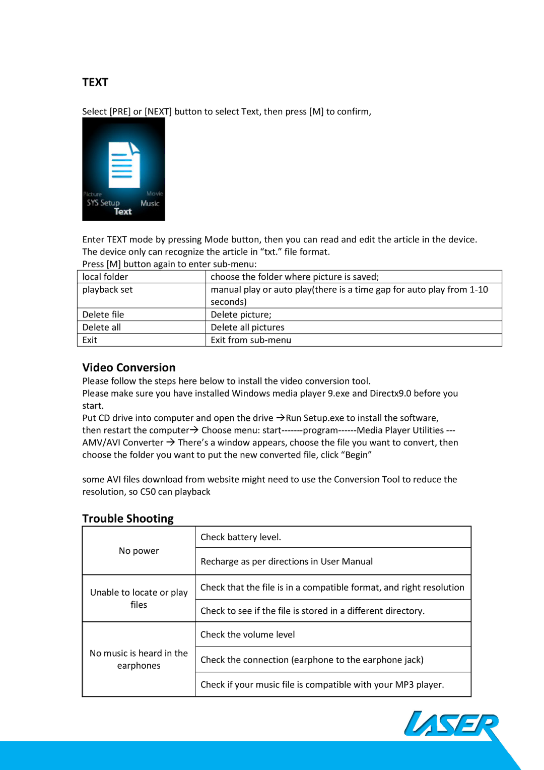 Laser MP4-L50 user manual Video Conversion, Trouble Shooting 