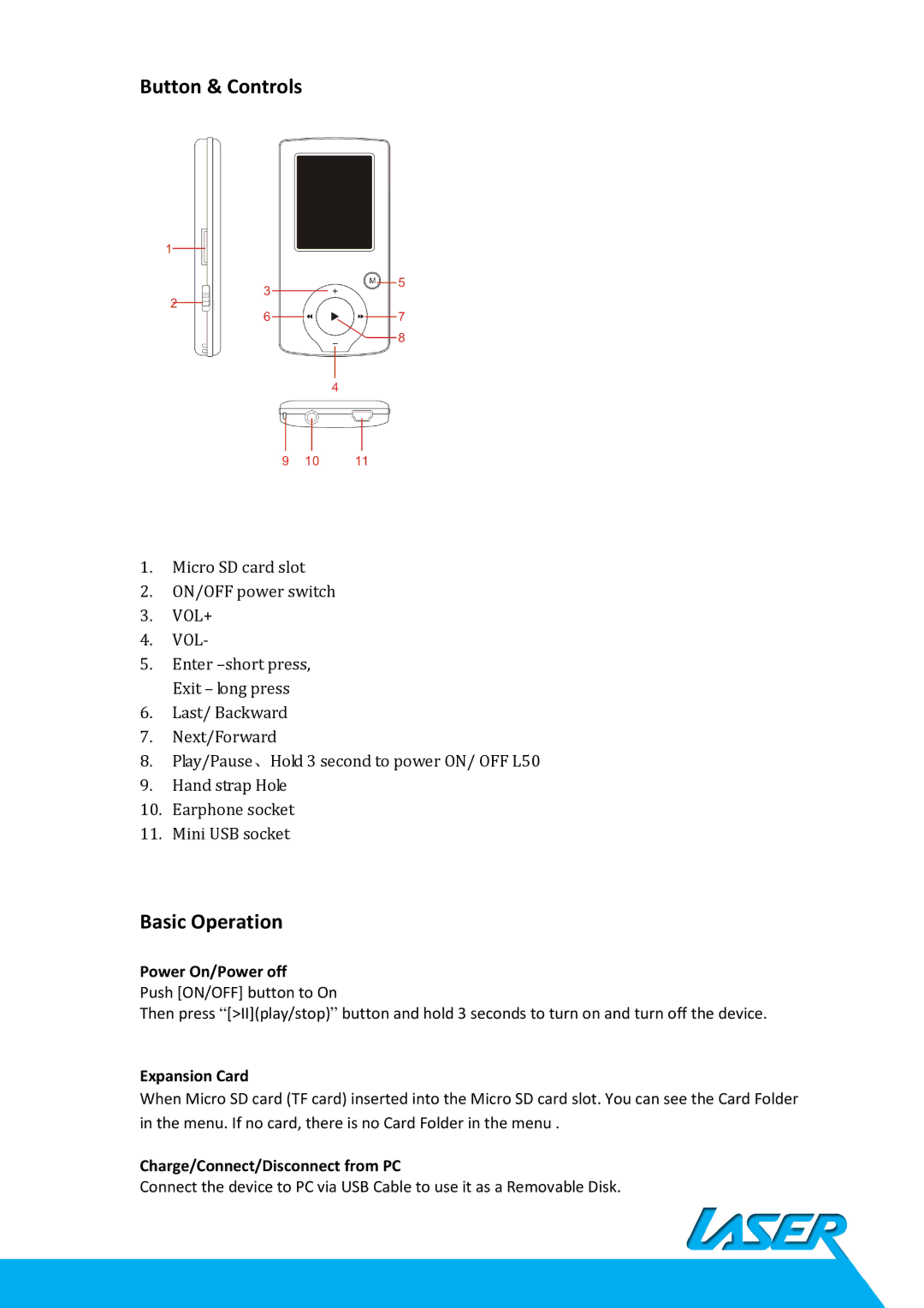 Laser MP4-L50 user manual Button & Controls, Basic Operation 