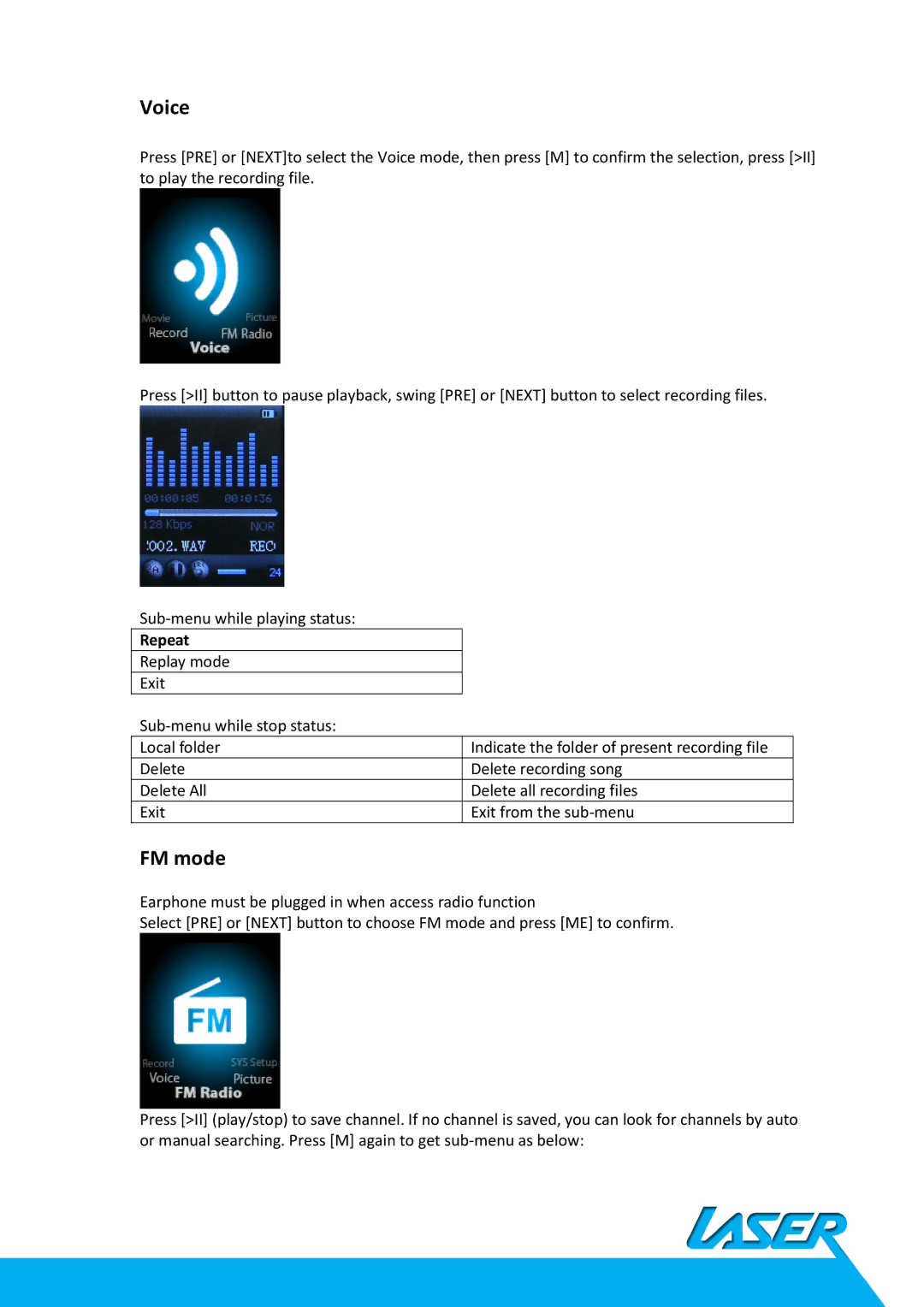 Laser MP4-L50 user manual Voice, FM mode 