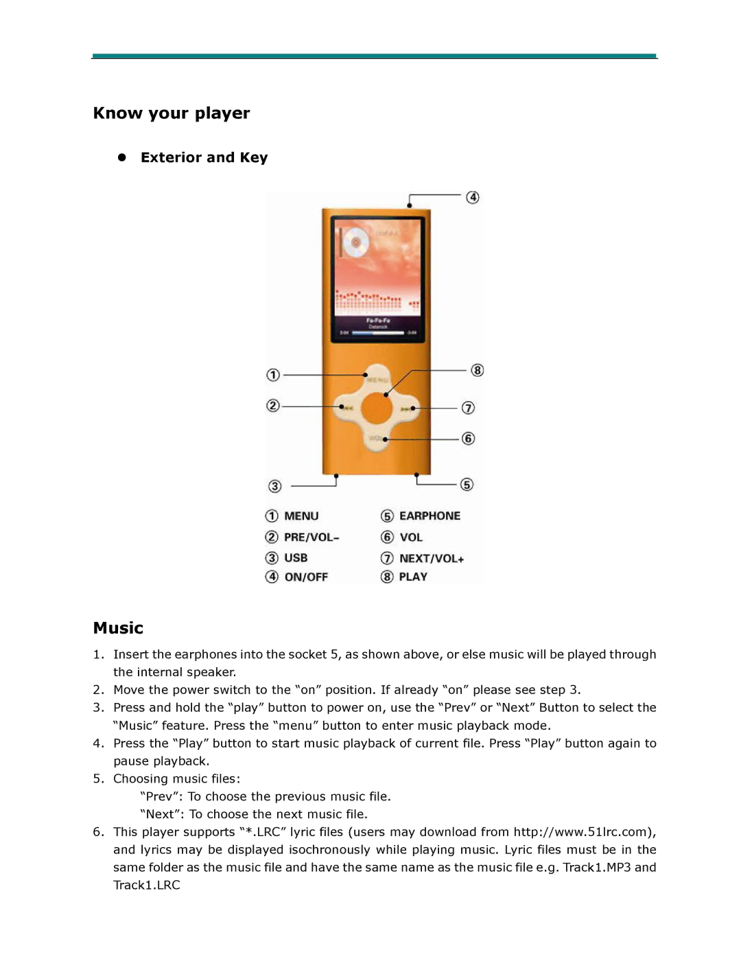 Laser MP4-P13 user manual Know your player, Music, Exterior and Key 