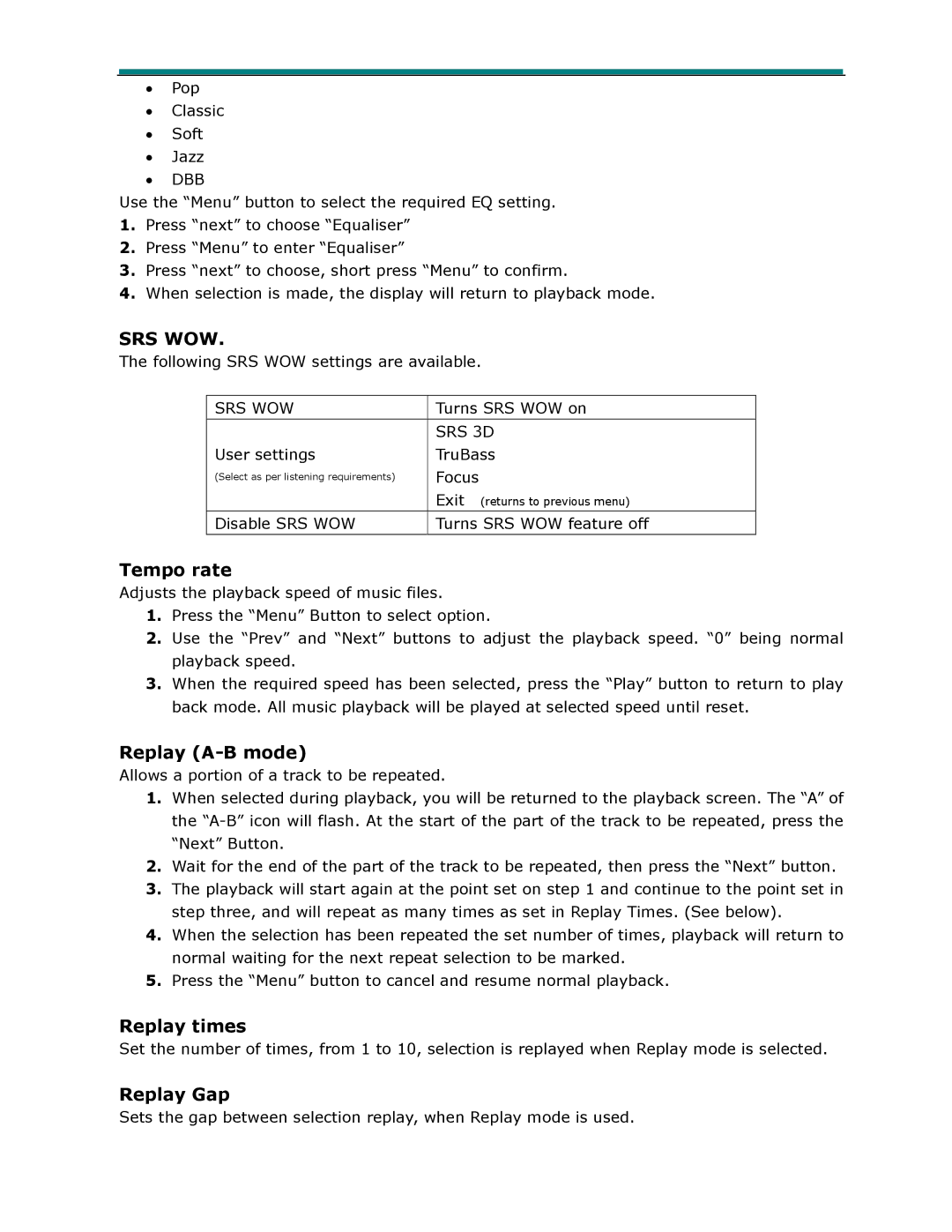 Laser MP4-P13 user manual Tempo rate, Replay A-B mode, Replay times, Replay Gap 