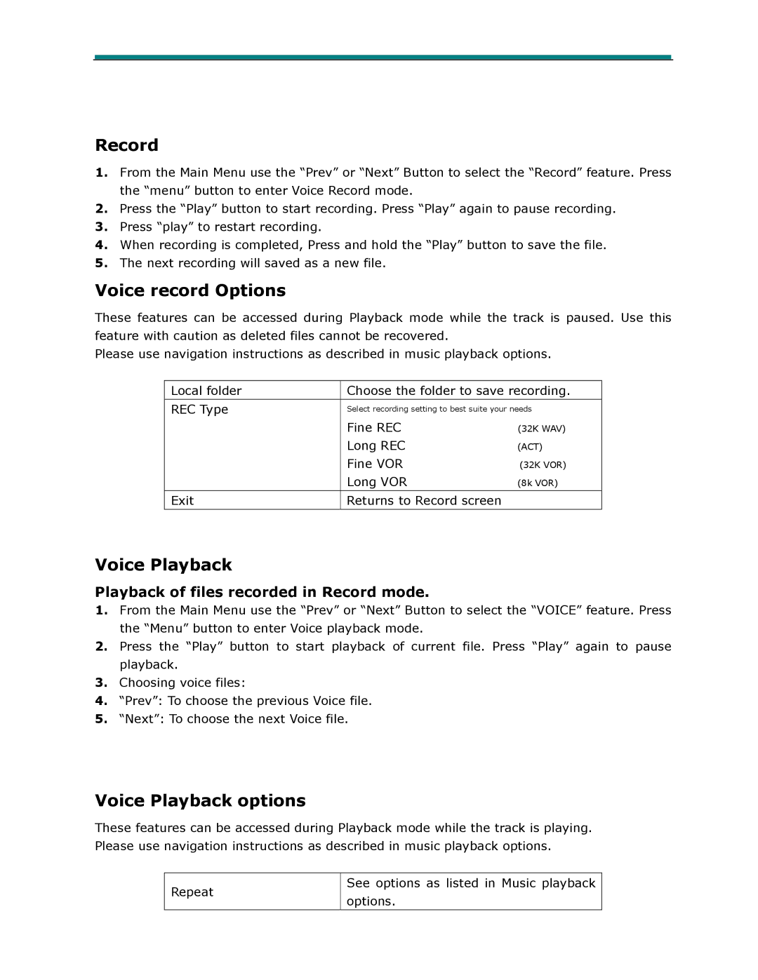 Laser MP4-P13 user manual Voice record Options, Voice Playback options, Playback of files recorded in Record mode 