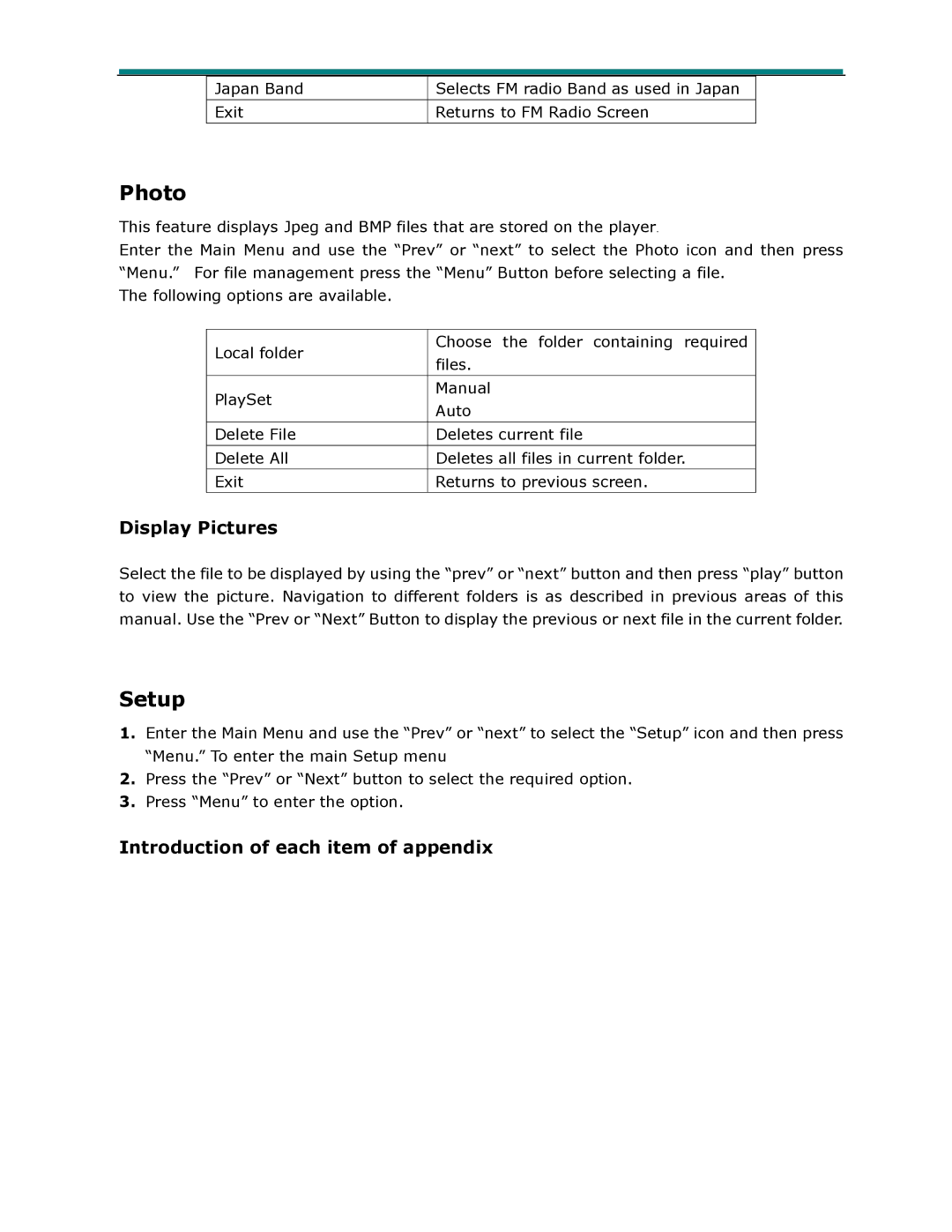 Laser MP4-P13 user manual Photo, Setup, Display Pictures, Introduction of each item of appendix 