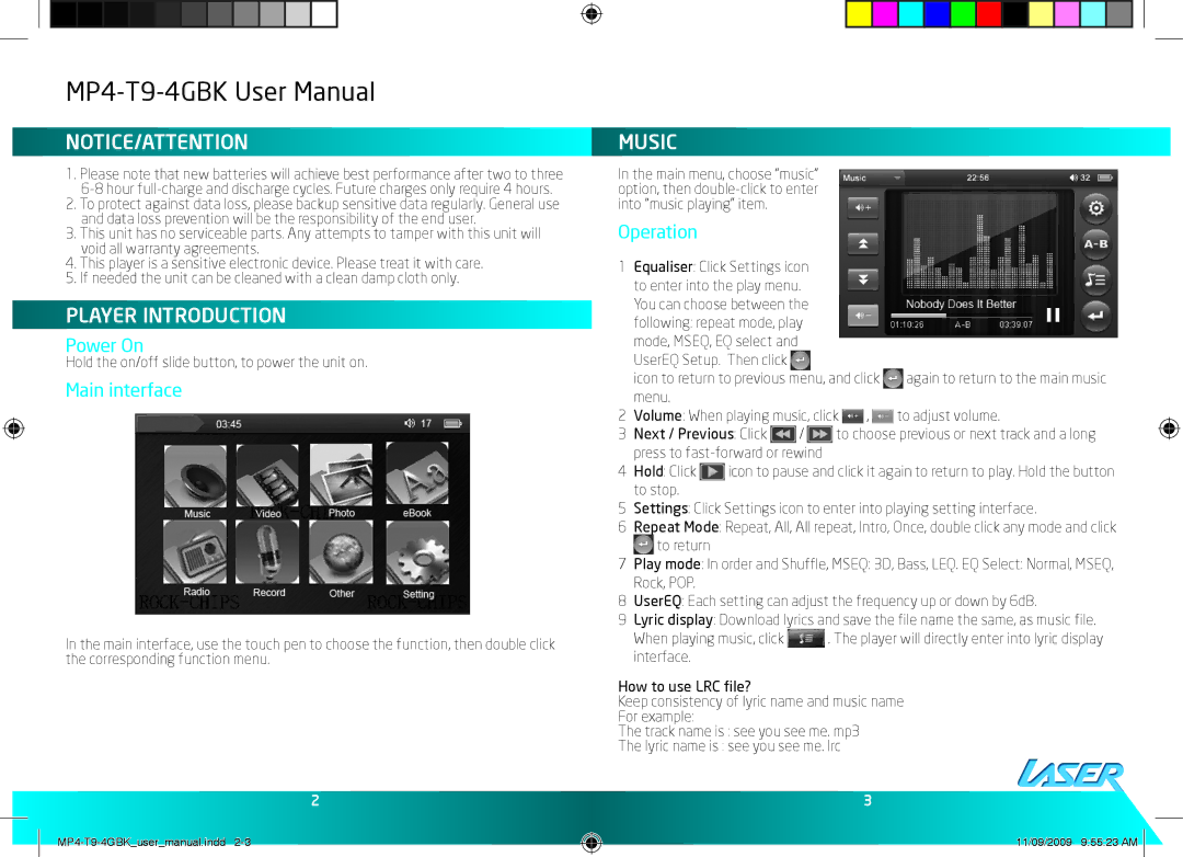 Laser MP4-T9-4GBK, MP4-T9-8GBK user manual Player Introduction, Music, Power On, Main interface, Operation 